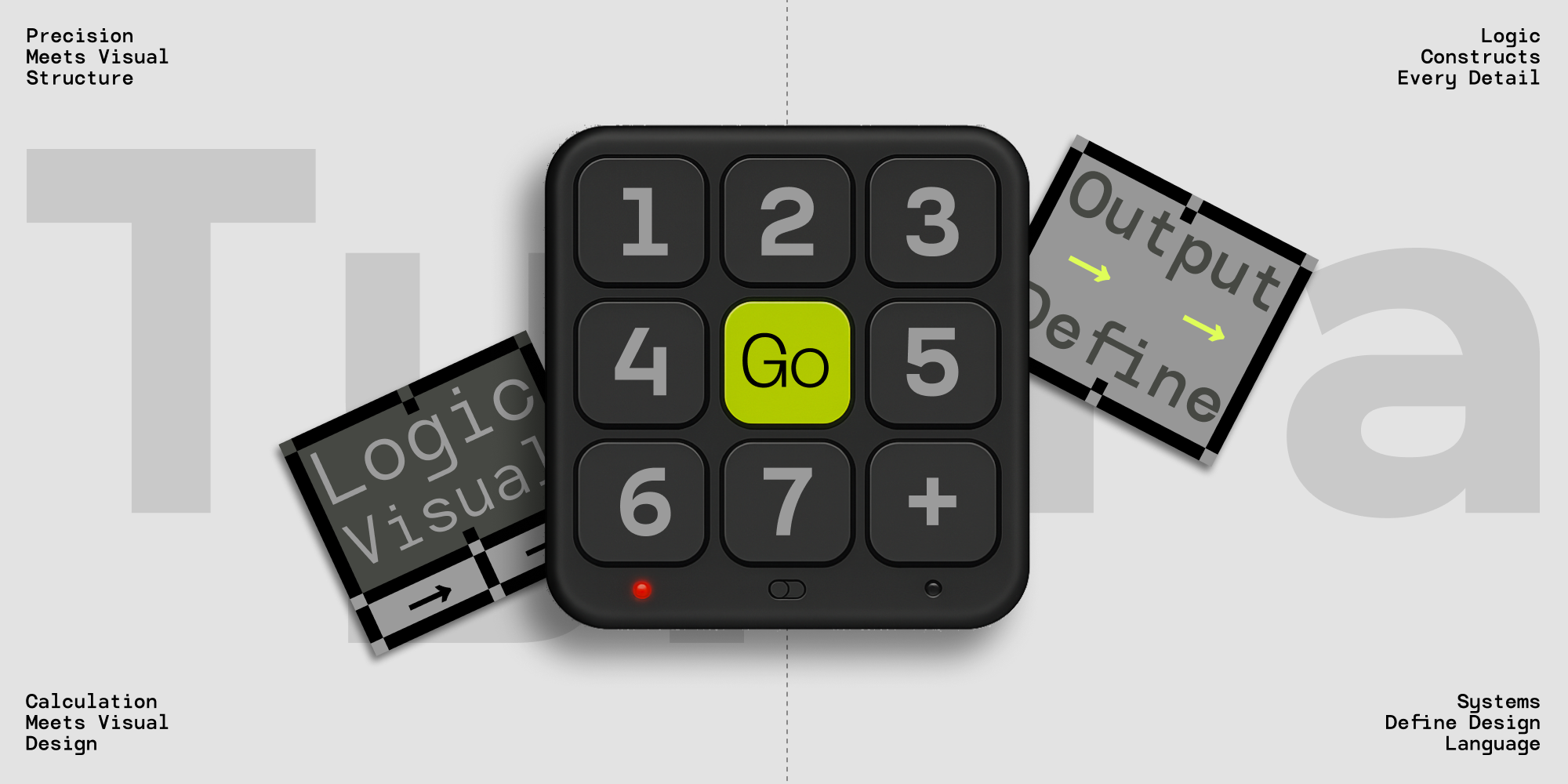 Calculator keypad mockup with neon green go button, logic diagrams, output definitions floating around dark device on light background