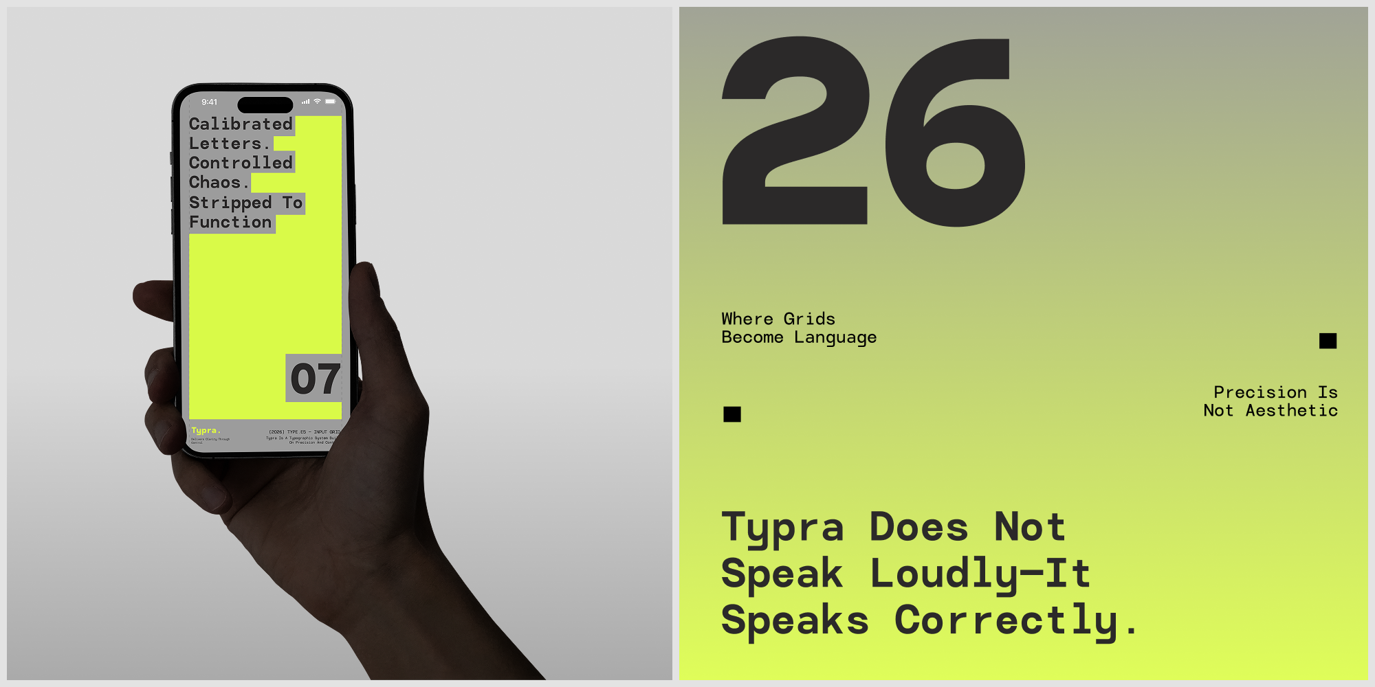 Typographic design system displayed on phone screen with neon yellow layout, grid patterns, minimal squares, plus bold sans-serif number 26