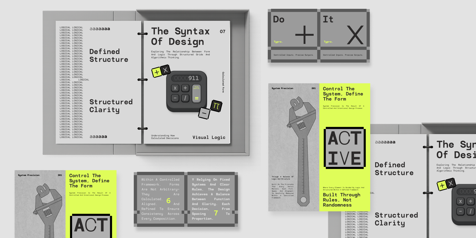 Design system mockup showcasing typography, layout principles, neon accents with calculator illustrations