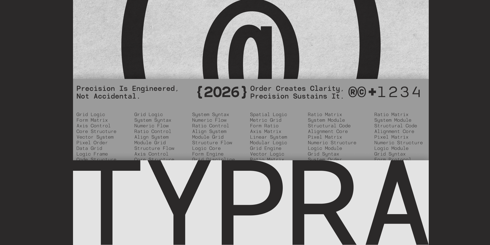 Monospace design system showing grid logic, structural codes, ratio matrices with geometric shapes layered over technical documentation