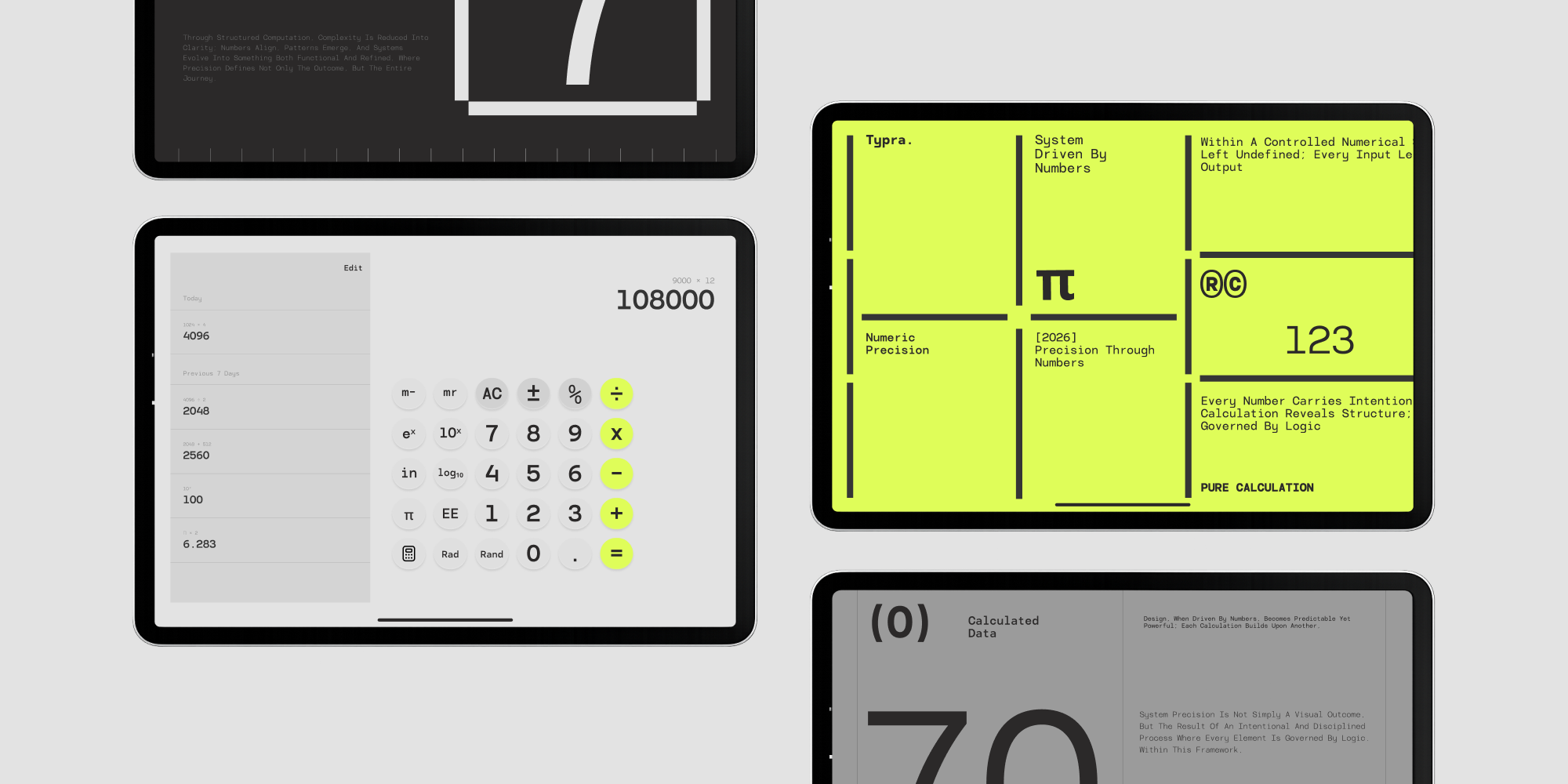 Typra font system showcase with calculator mockup, neon grid layout, mathematical symbols on tablets