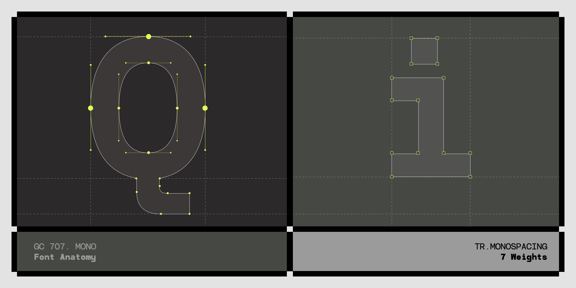 Font anatomy guide showing curve construction with control points, plus monospacing weight variations