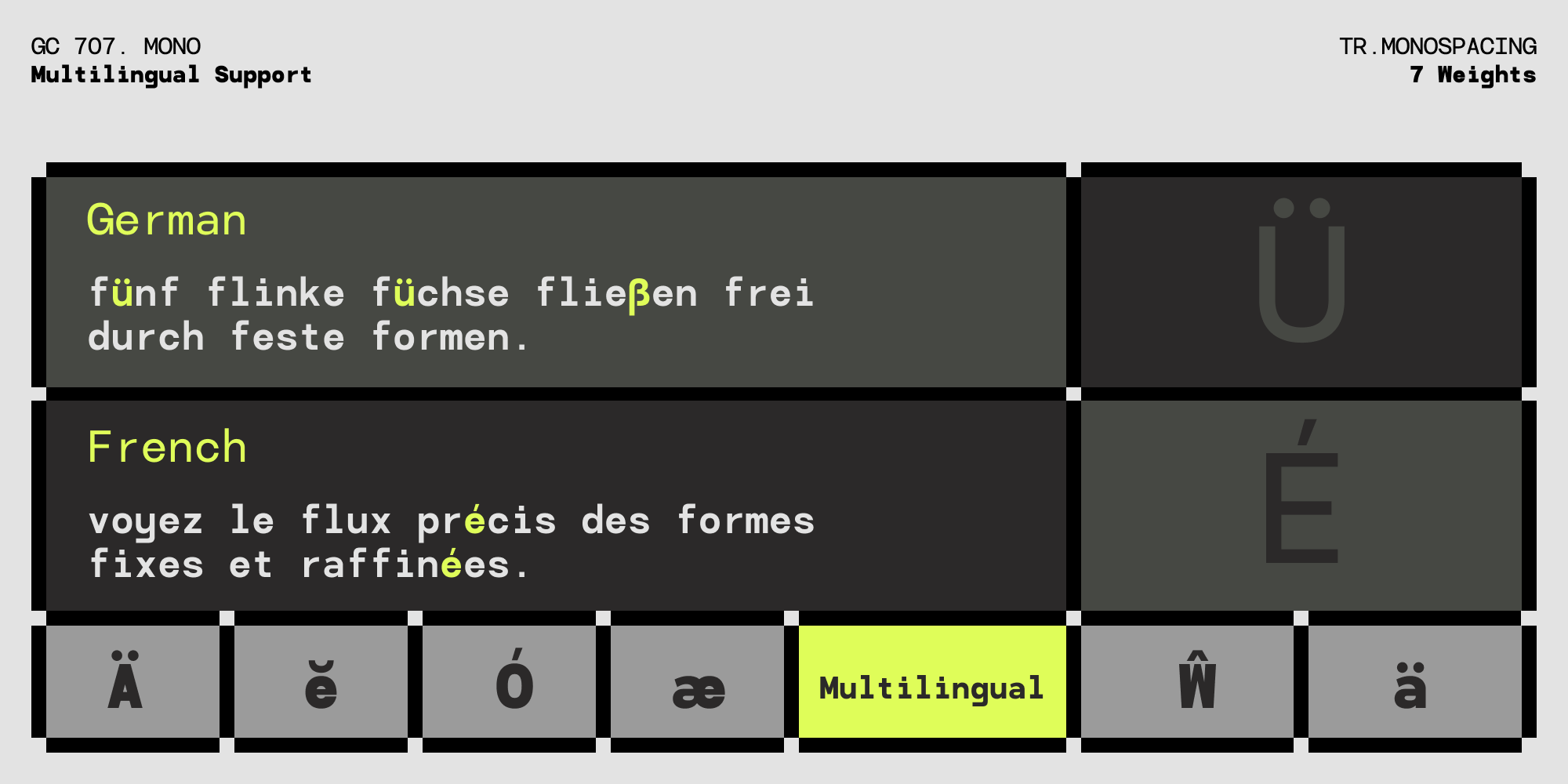 GC 707 Mono font showing German, French text samples with multilingual diacritics in 7 weights