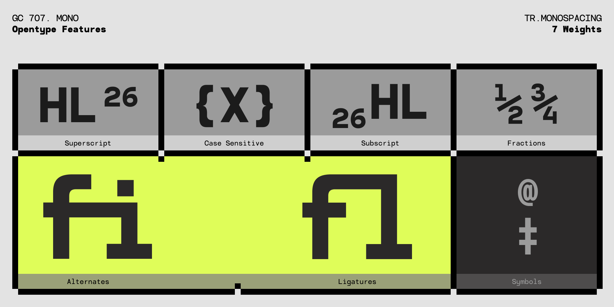 GC 707 Mono font features showing superscript, case sensitive, subscript, fractions, alternates, ligatures, symbols across 7 weights