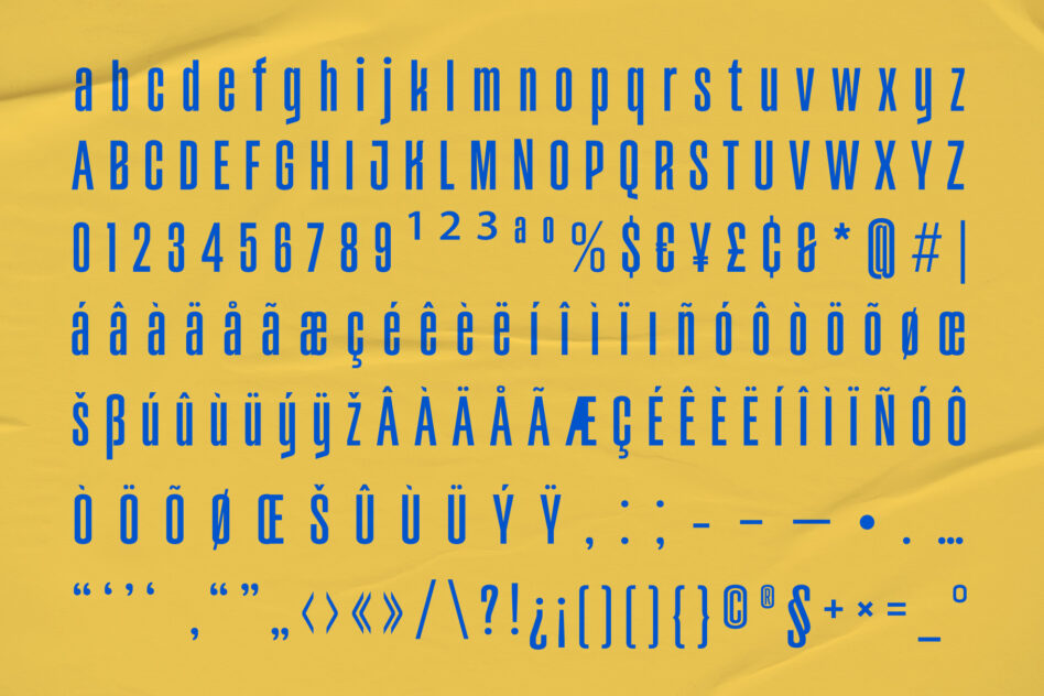 Bold blue sans serif font displaying full character set with international accents on golden yellow background
