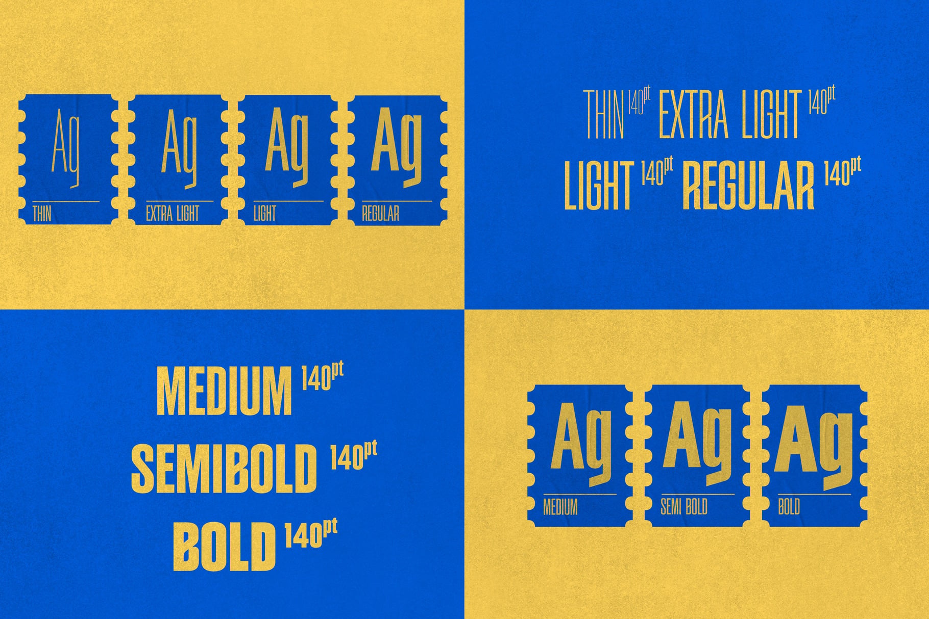 Aq typeface showing all weights from thin to bold in yellow on blue