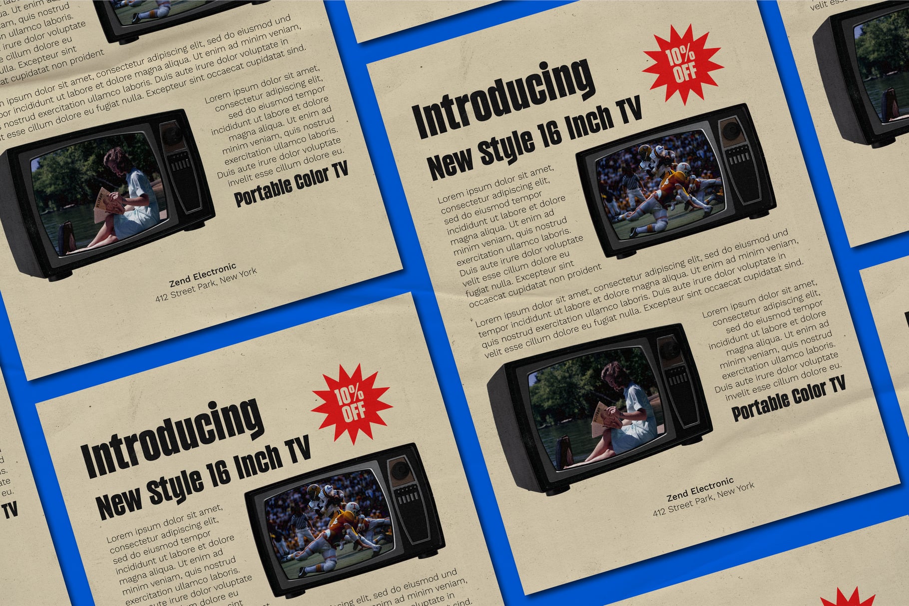 Vintage TV product ads mockup with retro newspaper layout, bold headlines, red sale badges