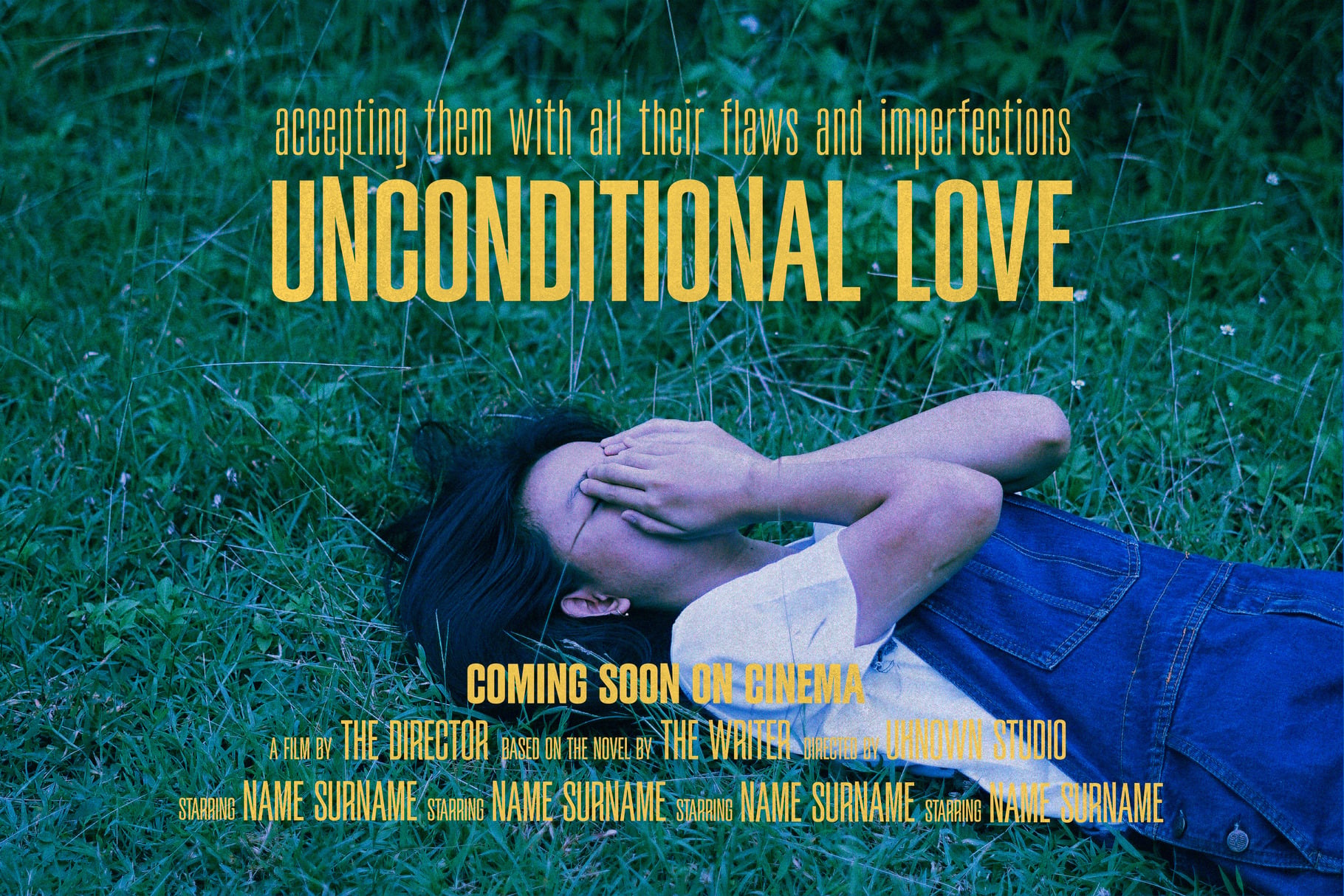 Movie poster mockup with couple on grass, yellow text overlay, teal color grade, cinema coming soon layout