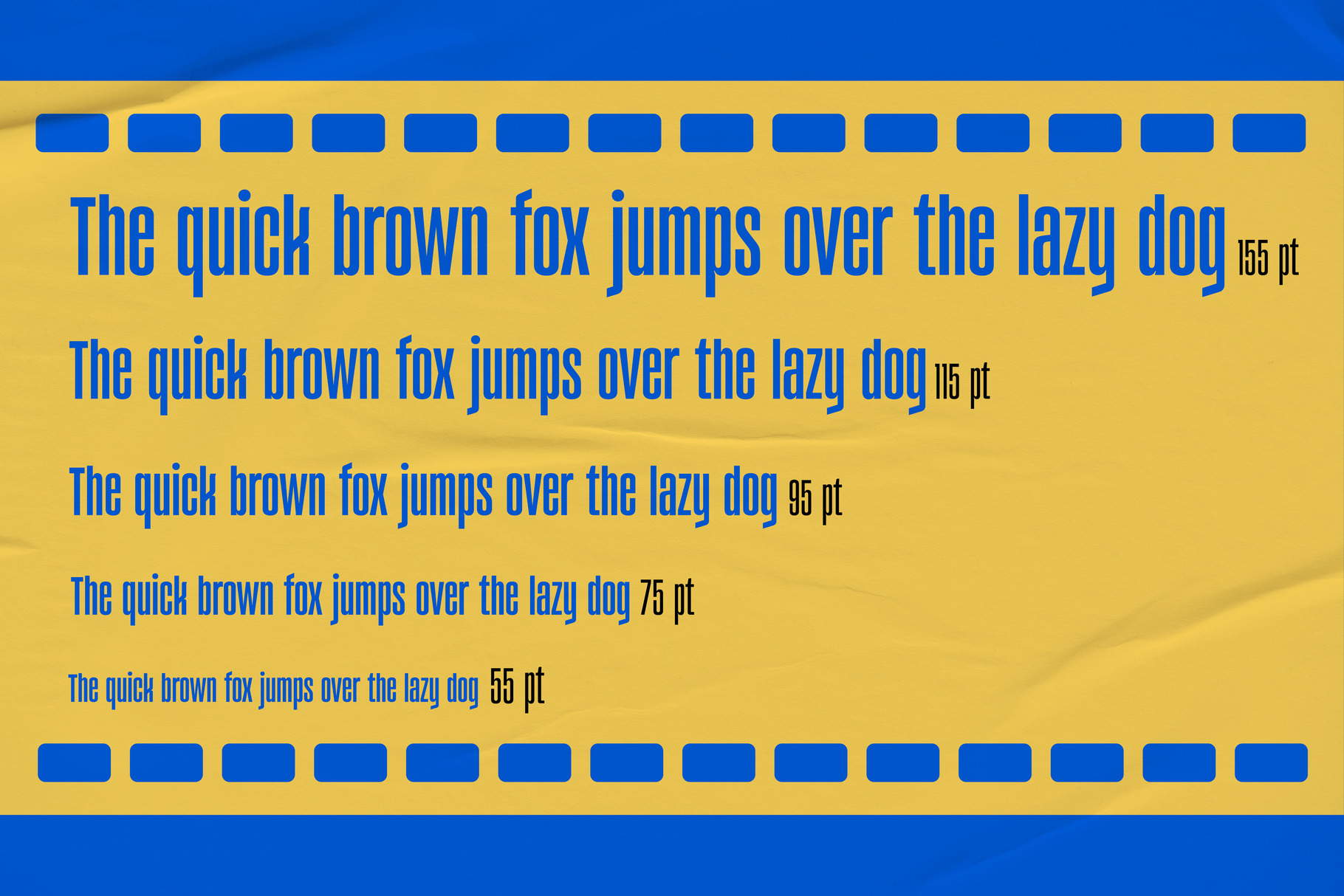 Bold blue typeface specimen on yellow background showing multiple sizes