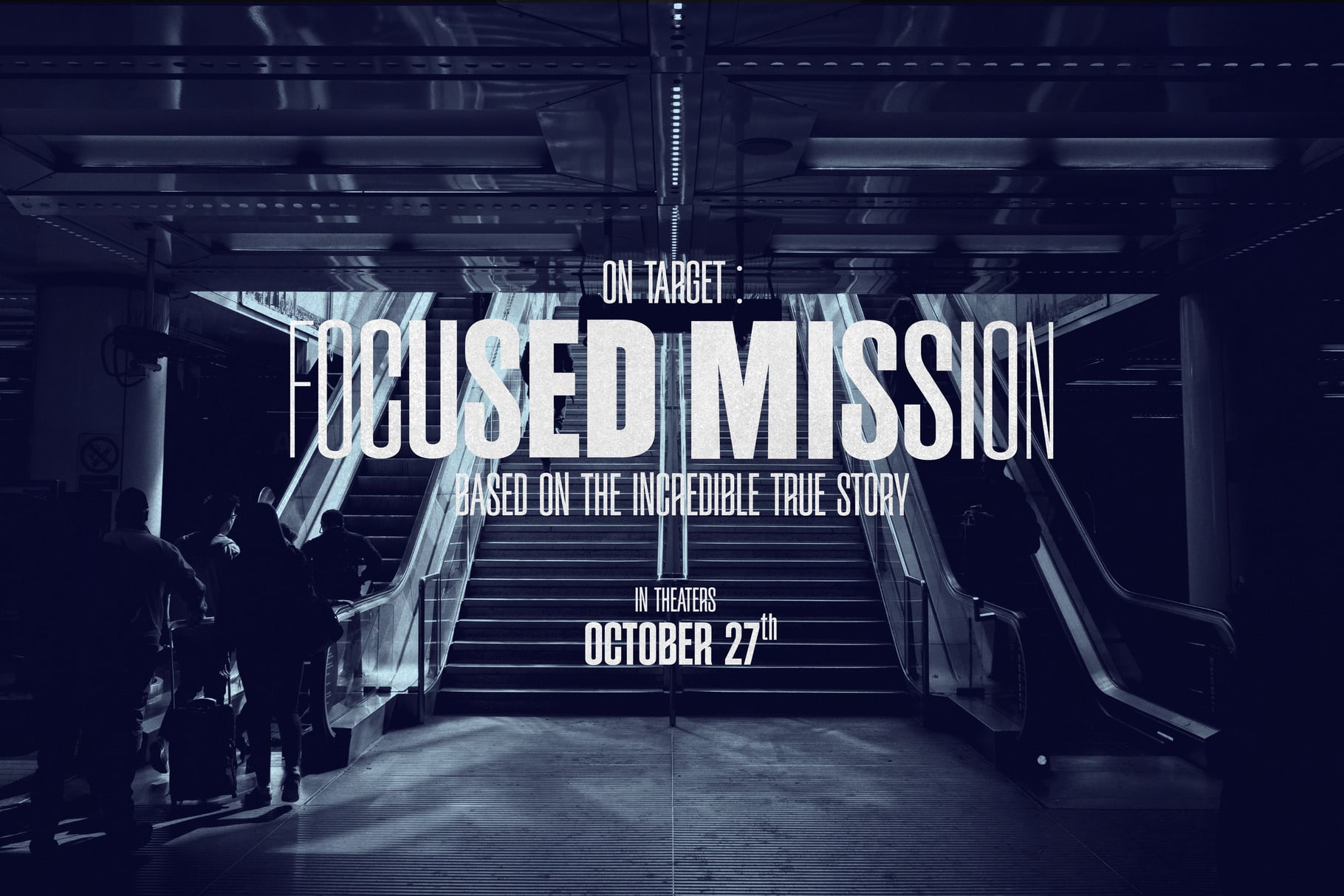 Movie poster mockup with "Focused Mission" text overlaid on dark subway station stairs scene