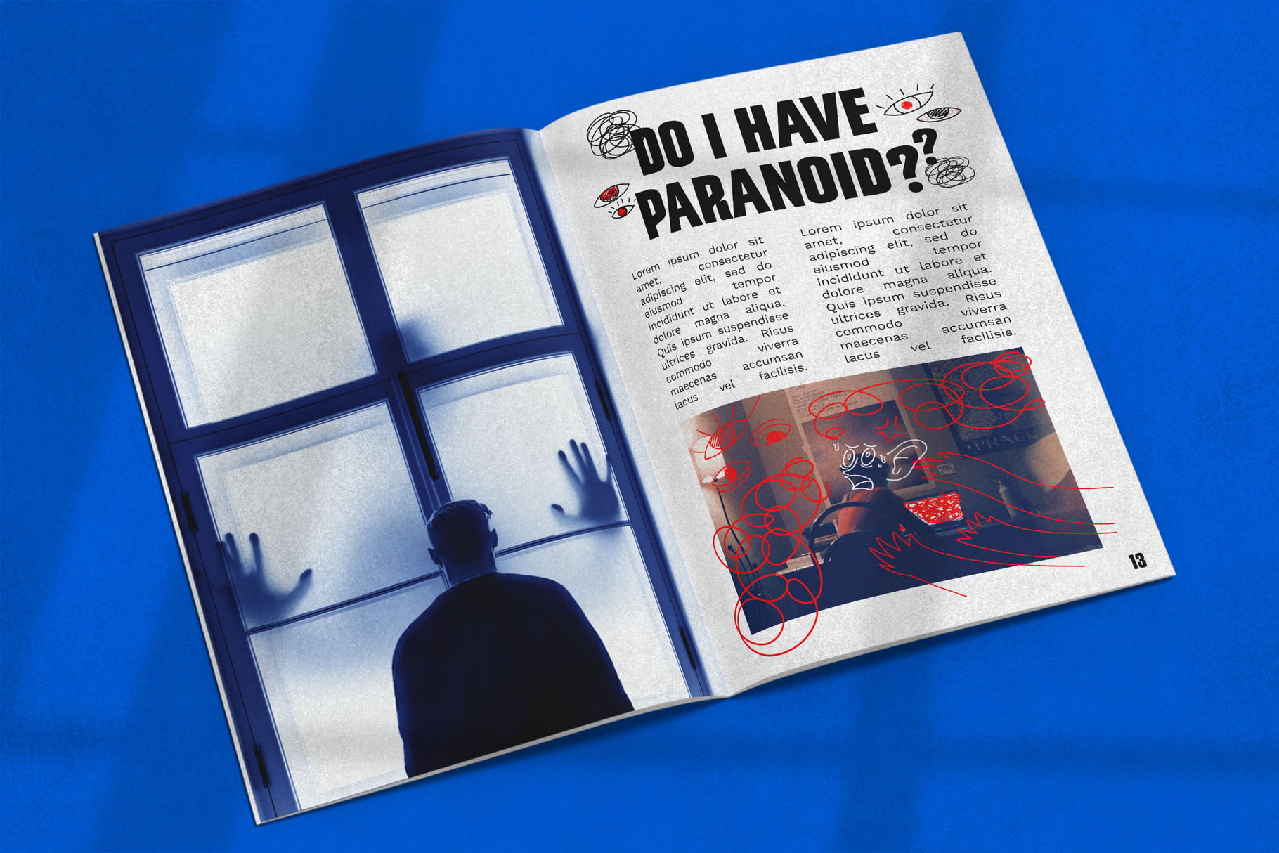 Magazine spread mockup with paranoia theme, silhouette at window, red scribbles, bright blue background