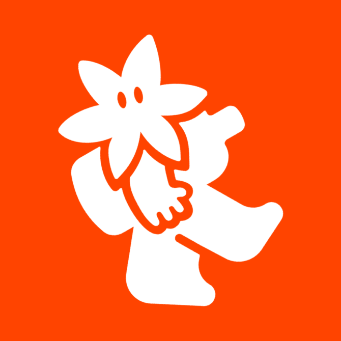 White character holds large flower on orange background
