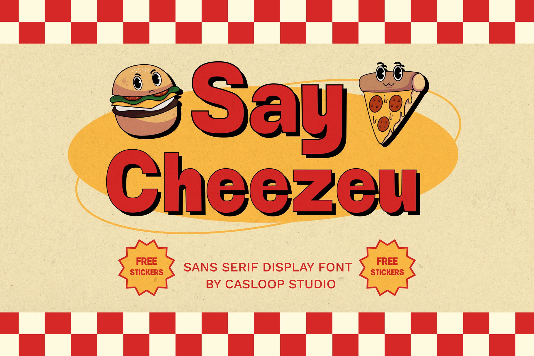 Say Cheezey sans serif display font with cartoon burger, pizza, red checkered border