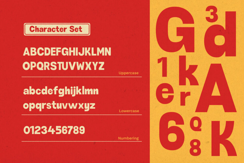 Bold red typeface showing uppercase, lowercase letters plus numbers in cream white
