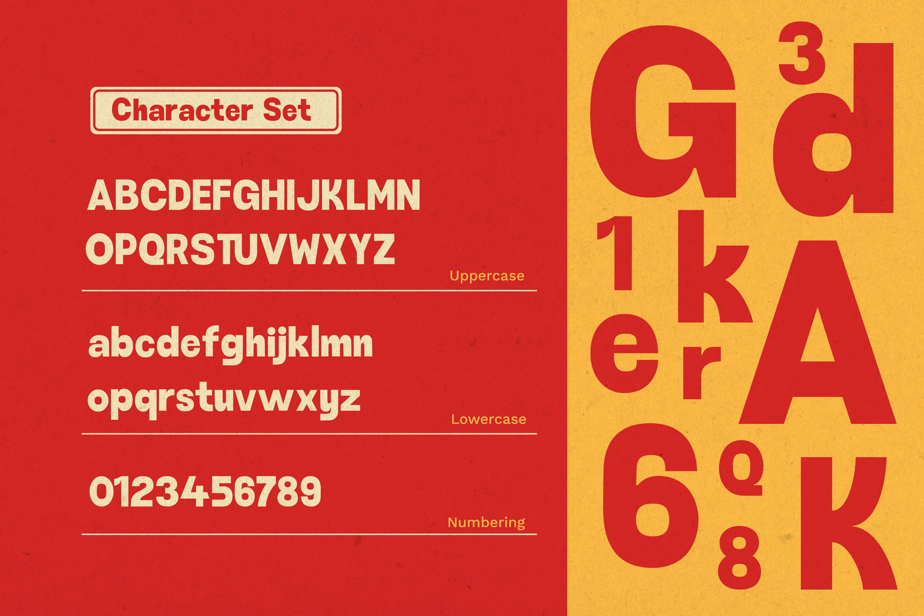 Bold red typeface showing uppercase, lowercase letters plus numbers in cream white