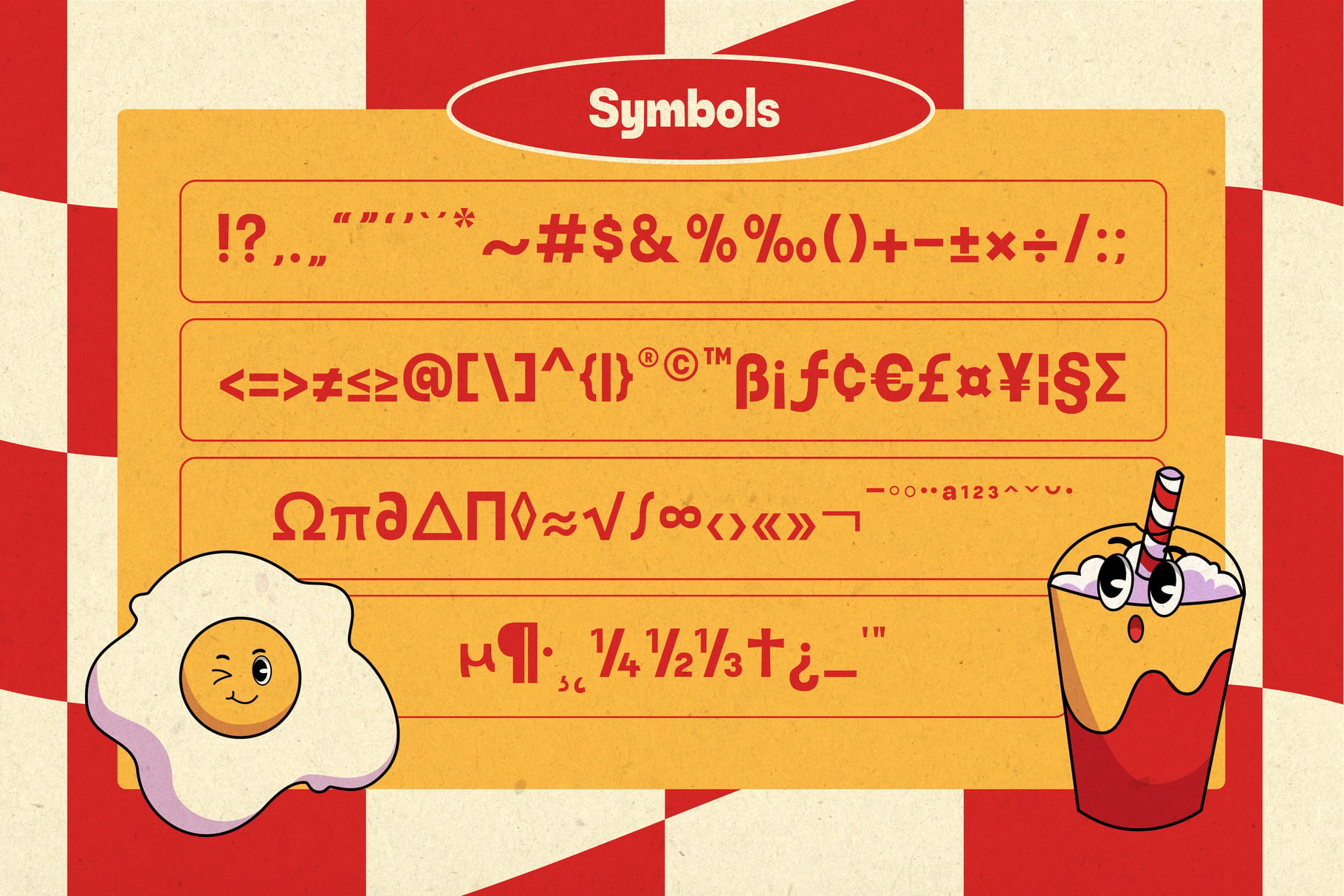 Retro poster showing punctuation, math, currency, Greek letters with cute fried egg doodle