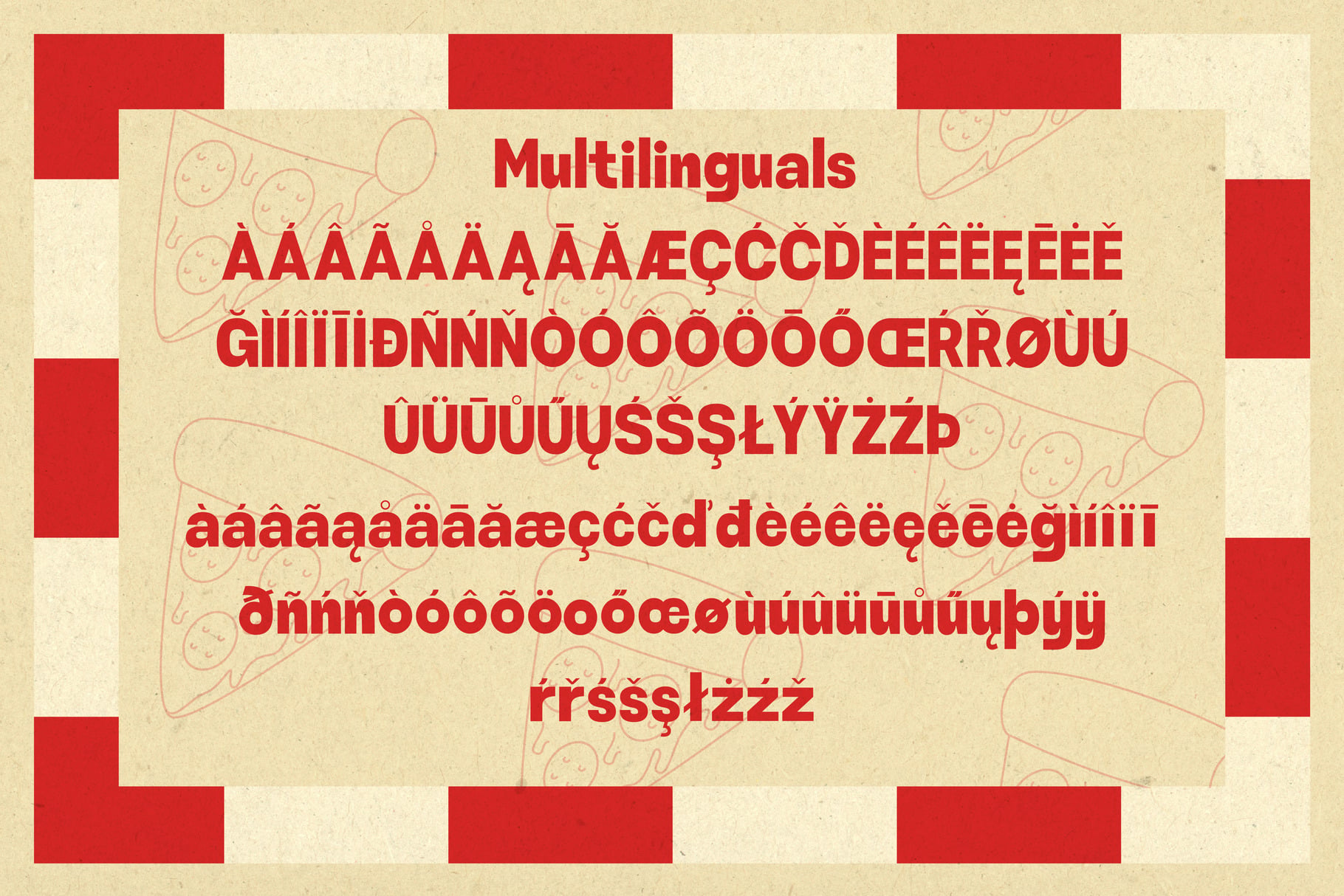 Bold red typeface specimen showing extended character set with diacritical marks for multiple languages on cream background