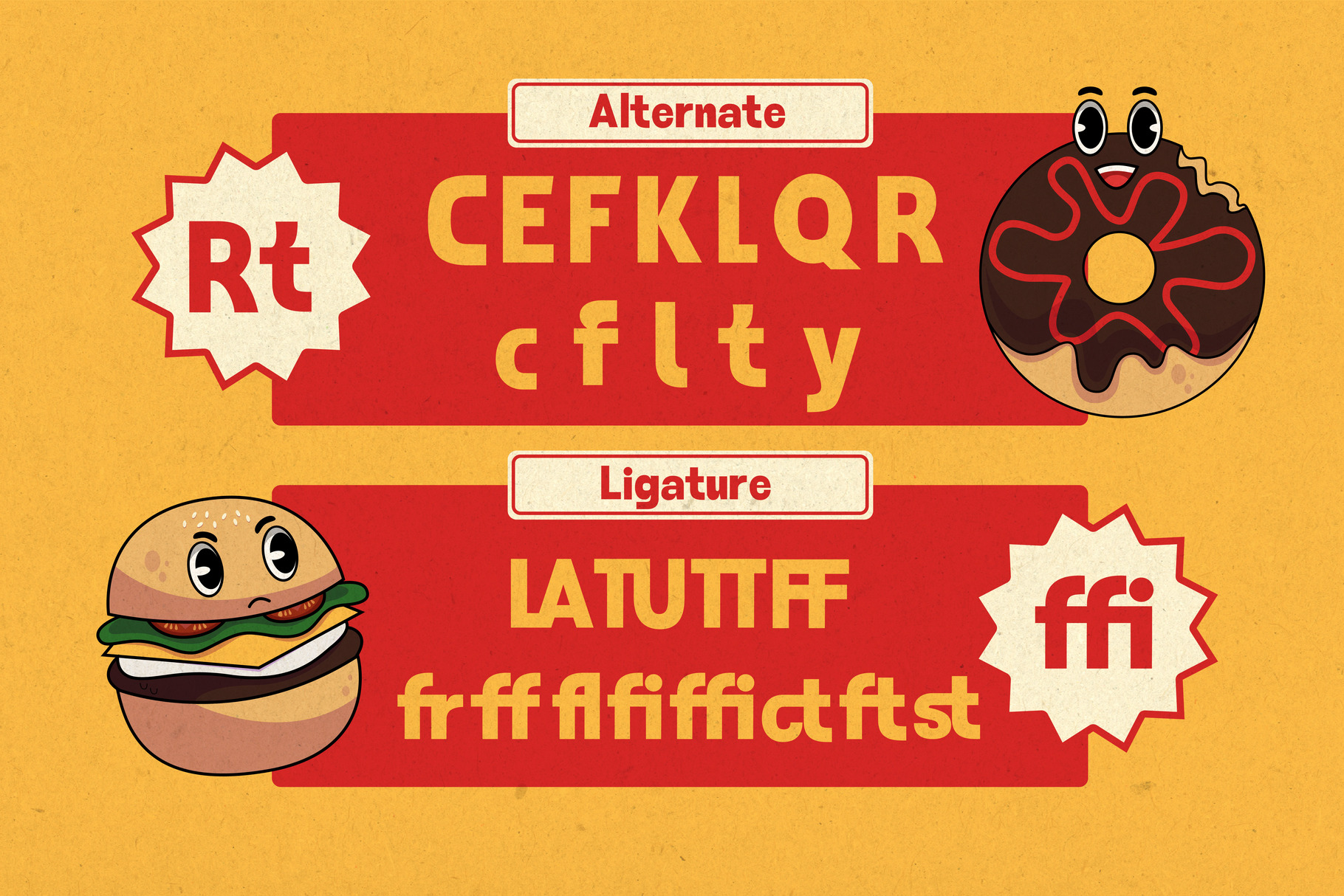 Retro font comparison showing ligatures with cute burger plus donut characters on yellow background
