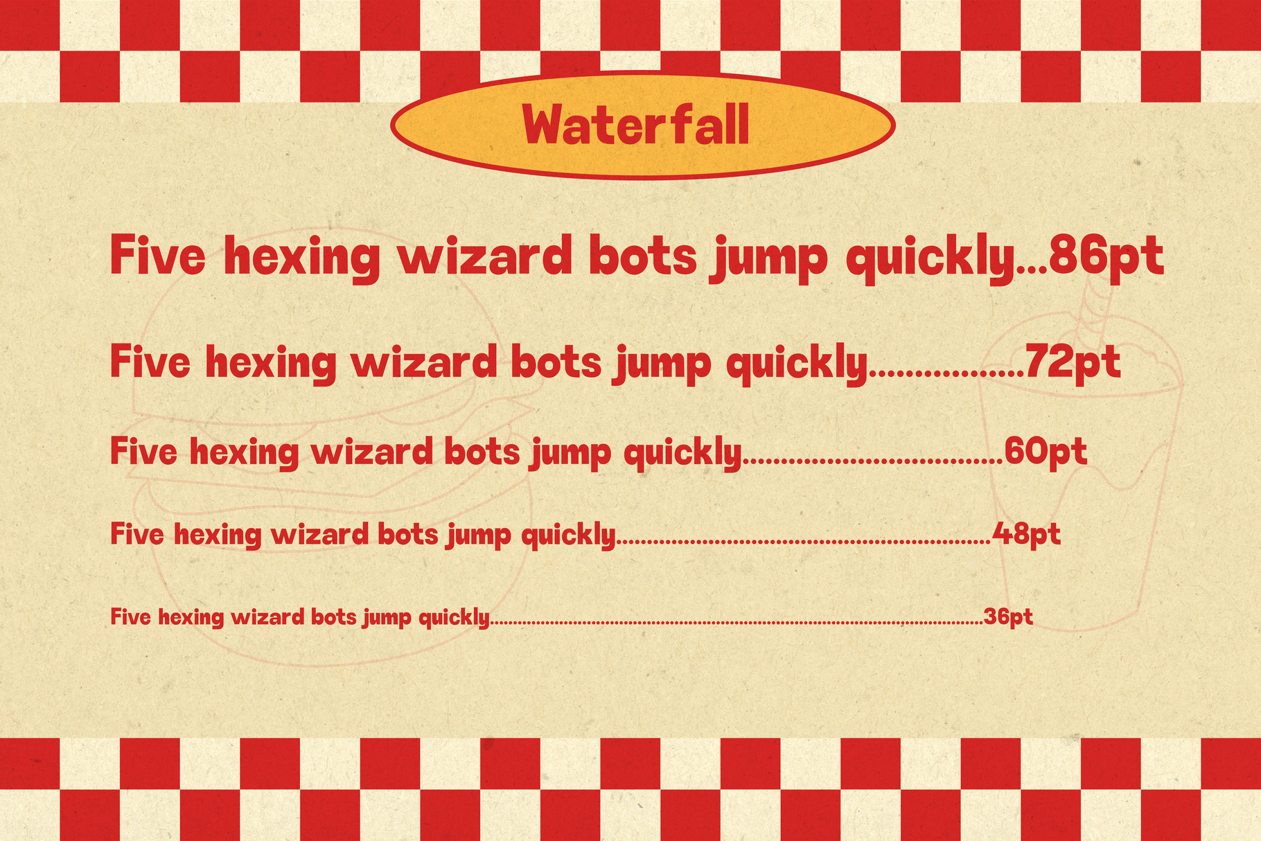 Retro font specimen sheet showing "Waterfall" typeface in bold red letters on cream with red checkerboard border