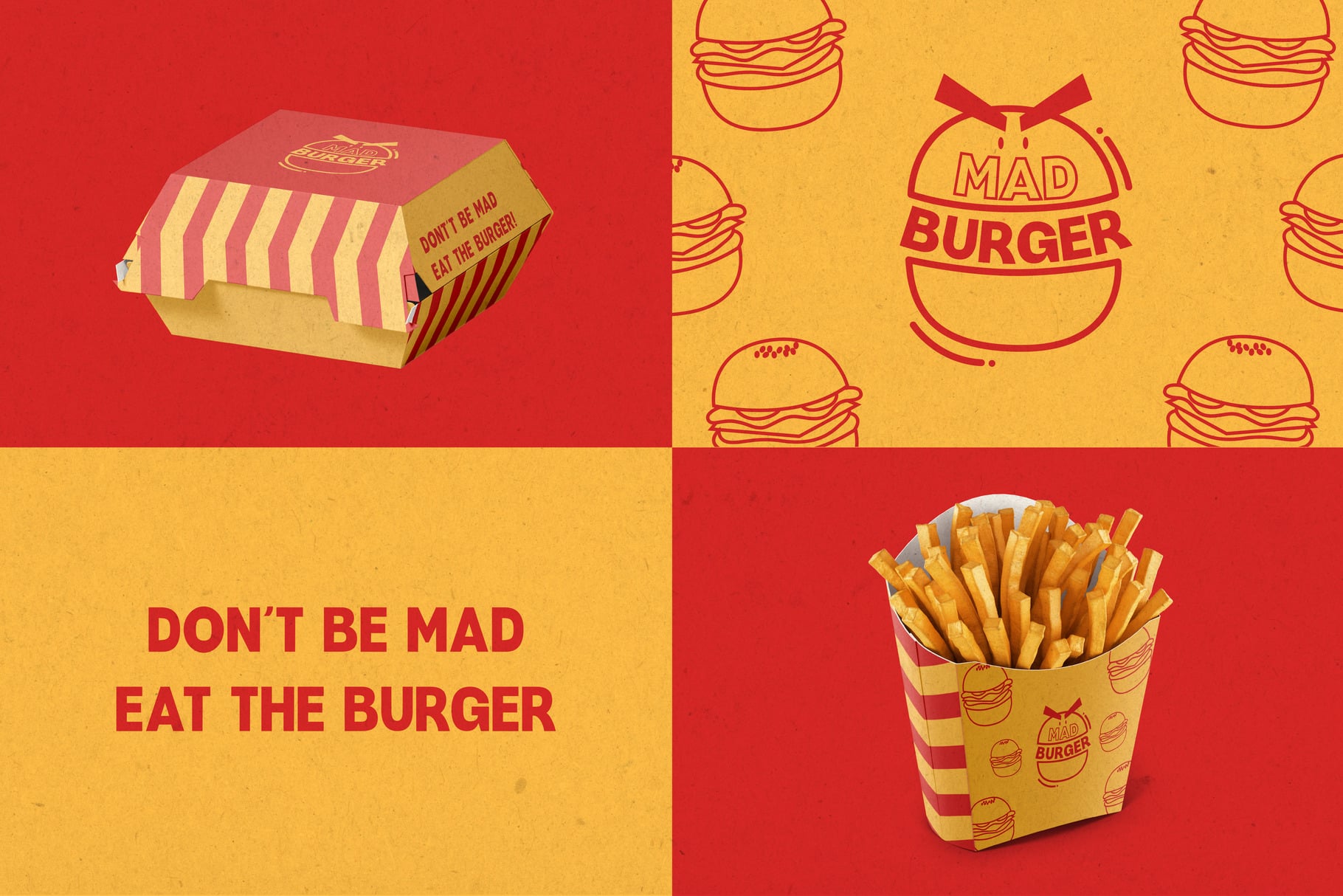 Mad Burger branding mockup with box, pattern, fries packaging on red gold background