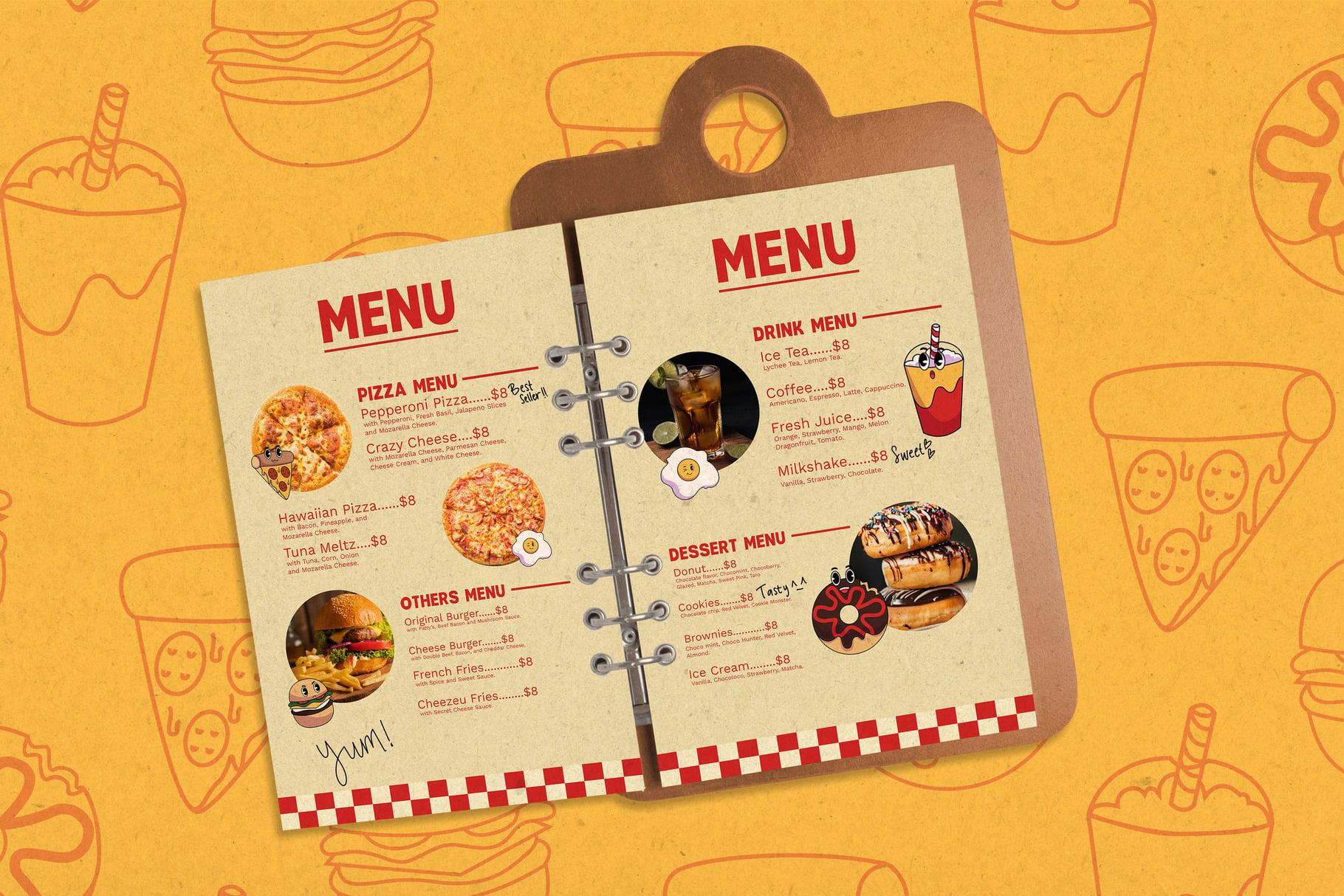 Retro diner menu mockup on wooden clipboard with pizza, burgers, drinks, desserts on yellow background