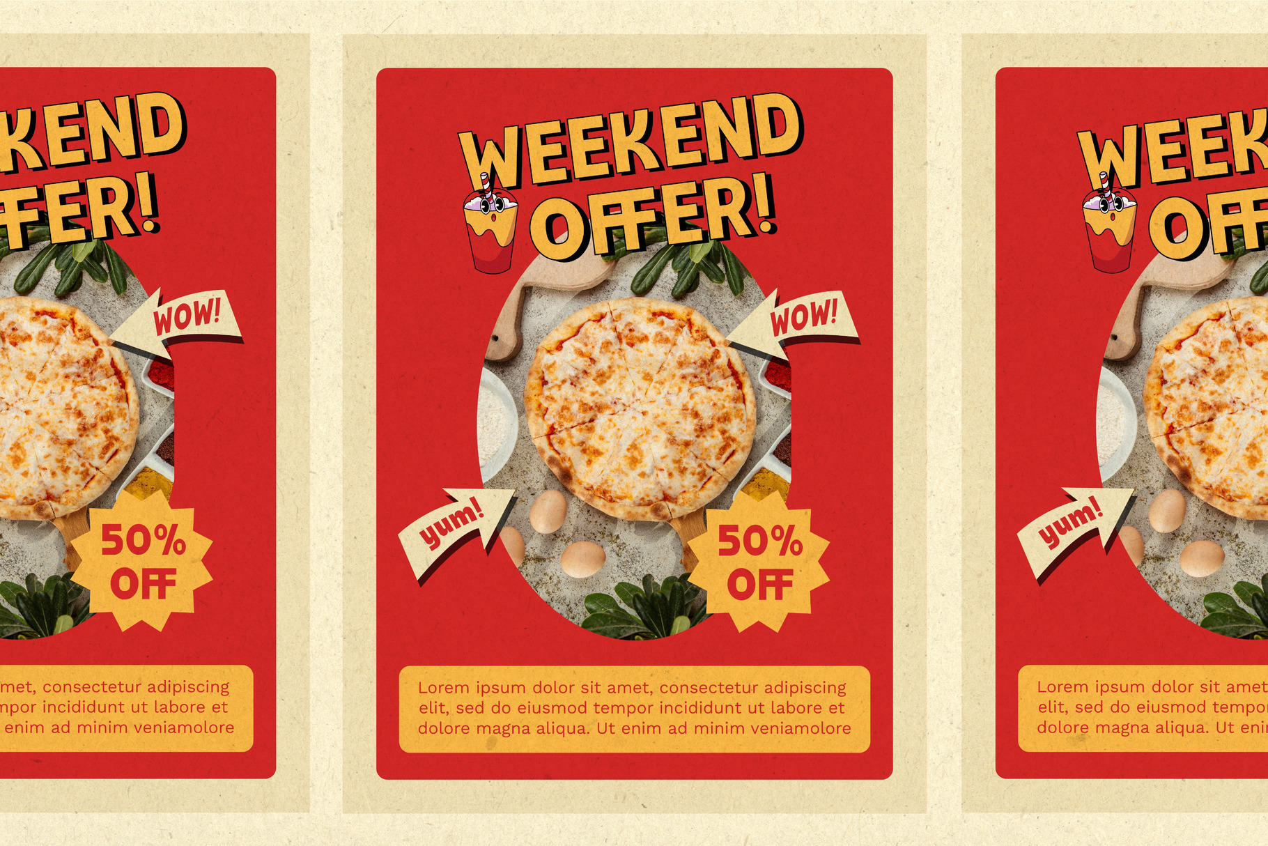 Retro pizza promo flyers with bold yellow text, cheesy imagery, pop art badges on bright red background