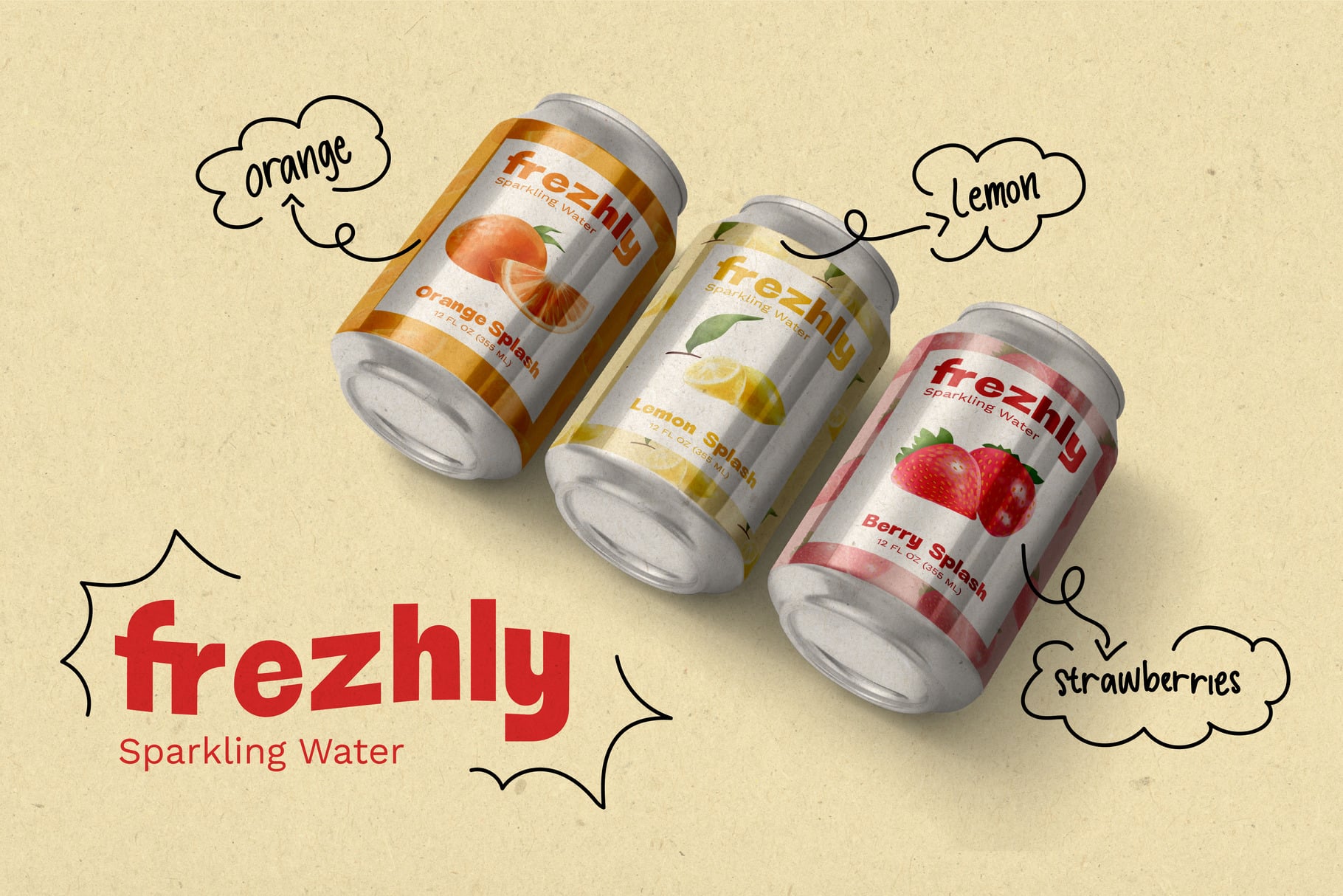 Beverage can mockup showing three sparkling water flavors with hand-drawn flavor labels on cream background