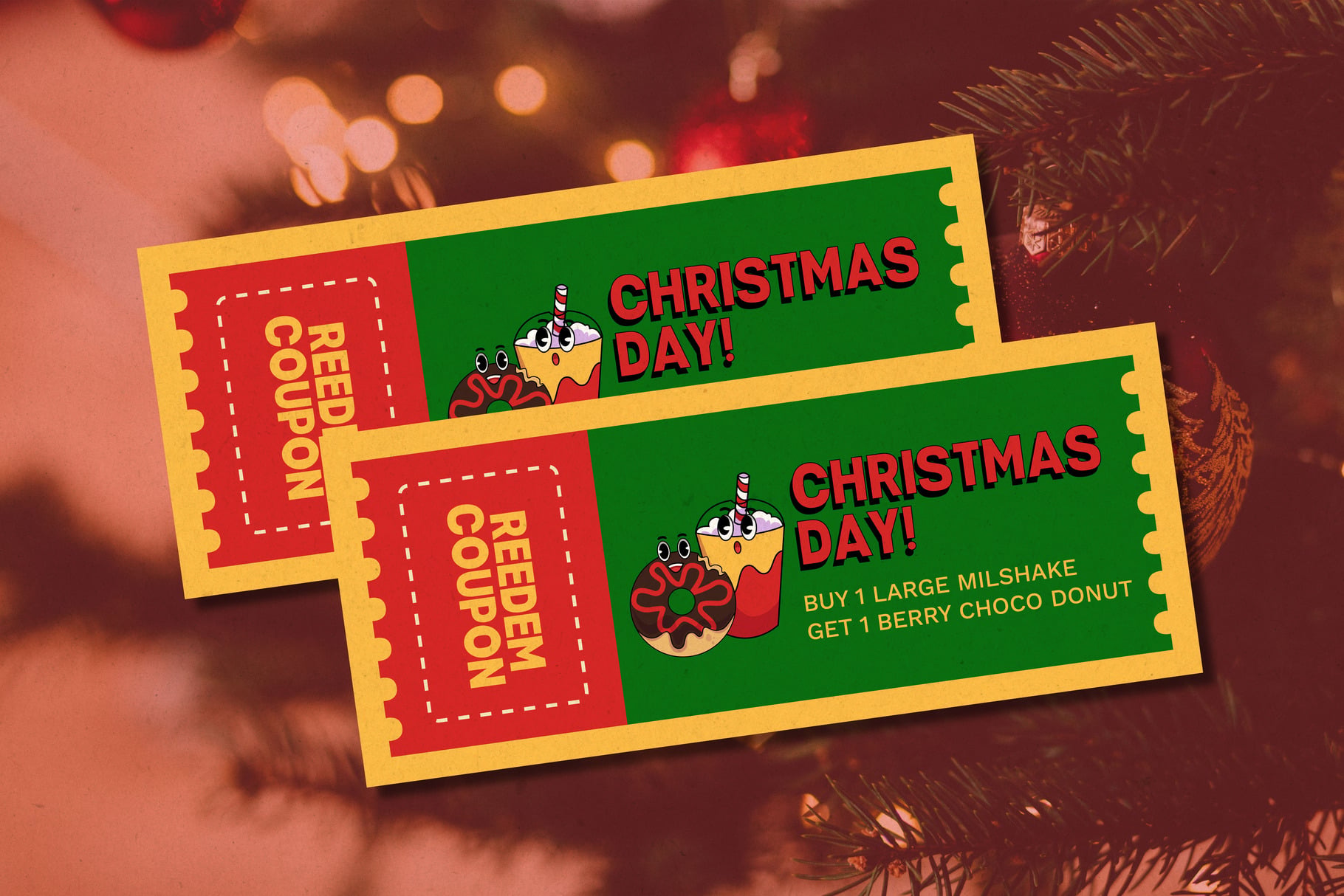 Colorful Christmas coupon mockup with red, green, gold featuring holiday treats promotion on warm bokeh background