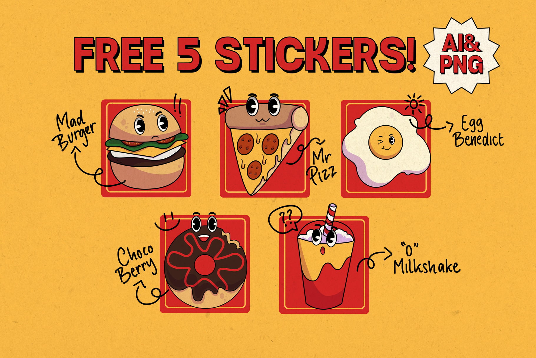 Five cute food character stickers with burger, pizza, egg, donut, milkshake on yellow background