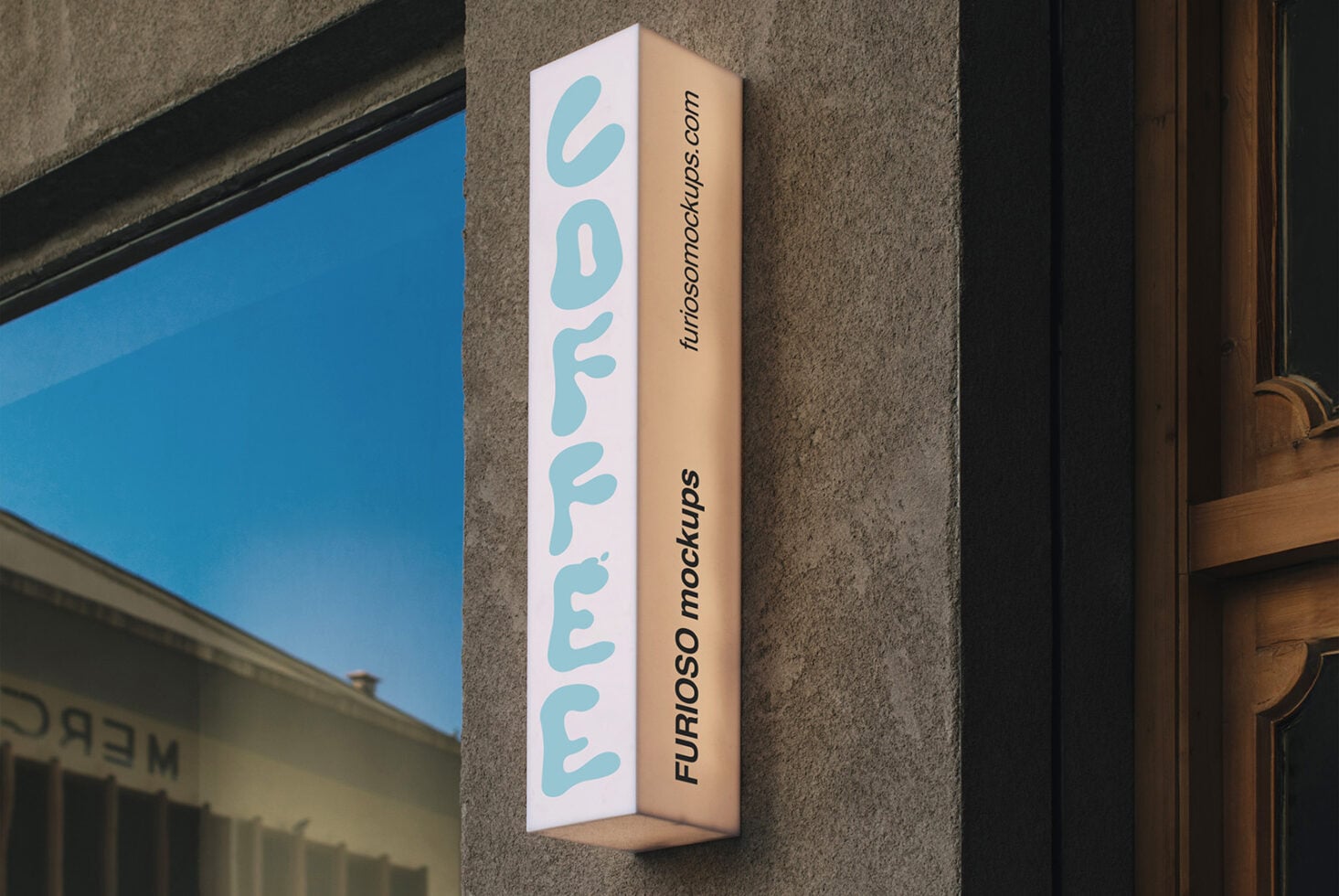 Vertical storefront sign mockup with rounded blue lettering on white side, tan spine with black text on concrete wall