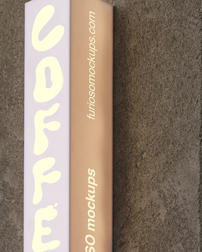 Rolled poster mockup with lavender box showing cream wavy text on concrete background