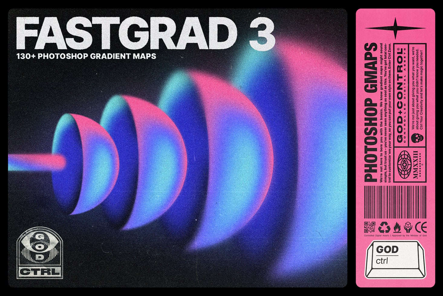 Fastgrad 3 gradient maps pack with neon pink, blue, cyan swirls on dark background