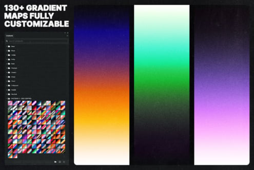 Gradient maps library with 130+ customizable color presets displayed in organized folders plus preview swatches