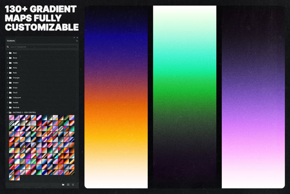 Gradient maps library with 130+ customizable color presets displayed in organized folders plus preview swatches