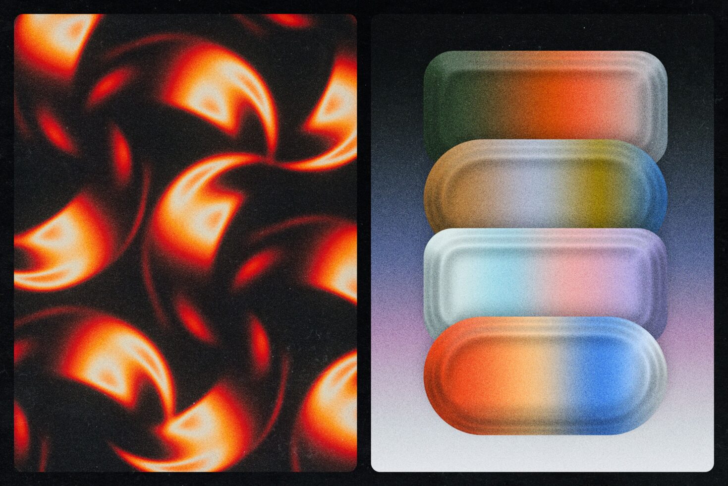 Glowing neon leaves on dark background, stacked gradient pill shapes with soft glow