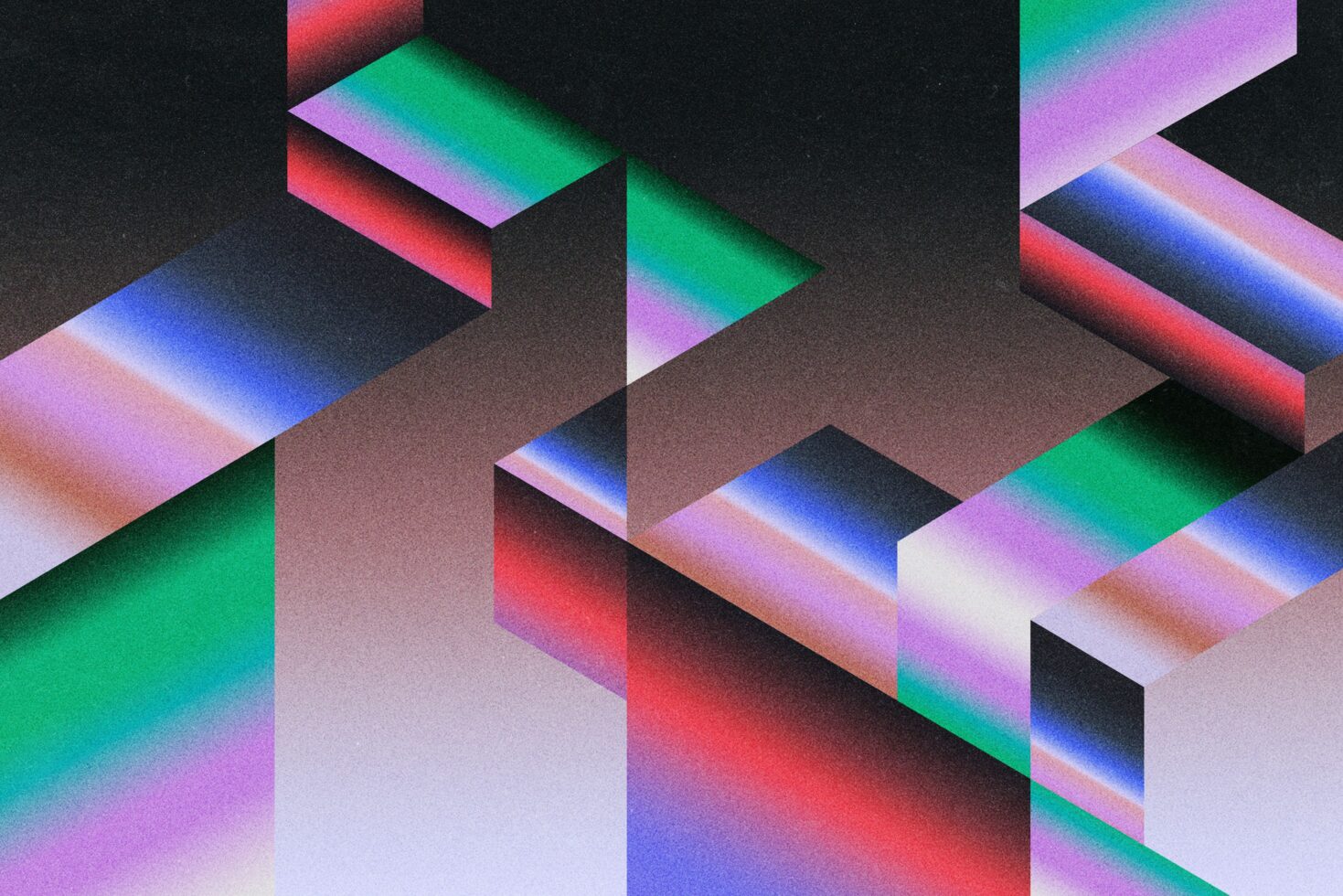 Isometric gradient strips with vibrant neon colors shifting across layered geometric planes