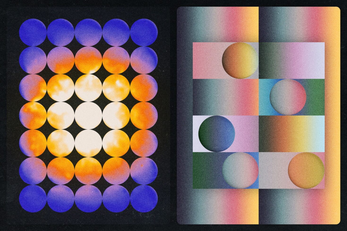 Colorful gradient spheres arranged in grid layouts with soft blurred background textures