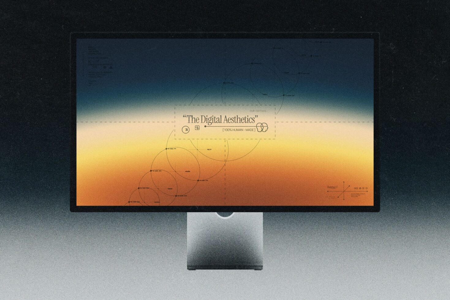 Desktop monitor mockup displaying gradient sunset wallpaper with geometric blueprints overlaid