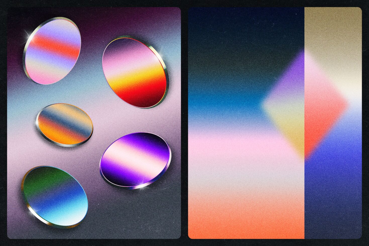 Holographic gradient discs with chrome rims on blurred color backgrounds