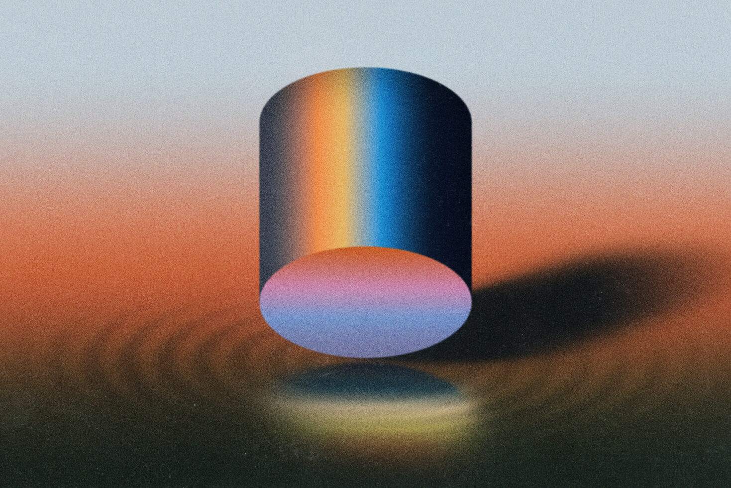 Gradient cylinder with glowing top casting shadow on warm desert background
