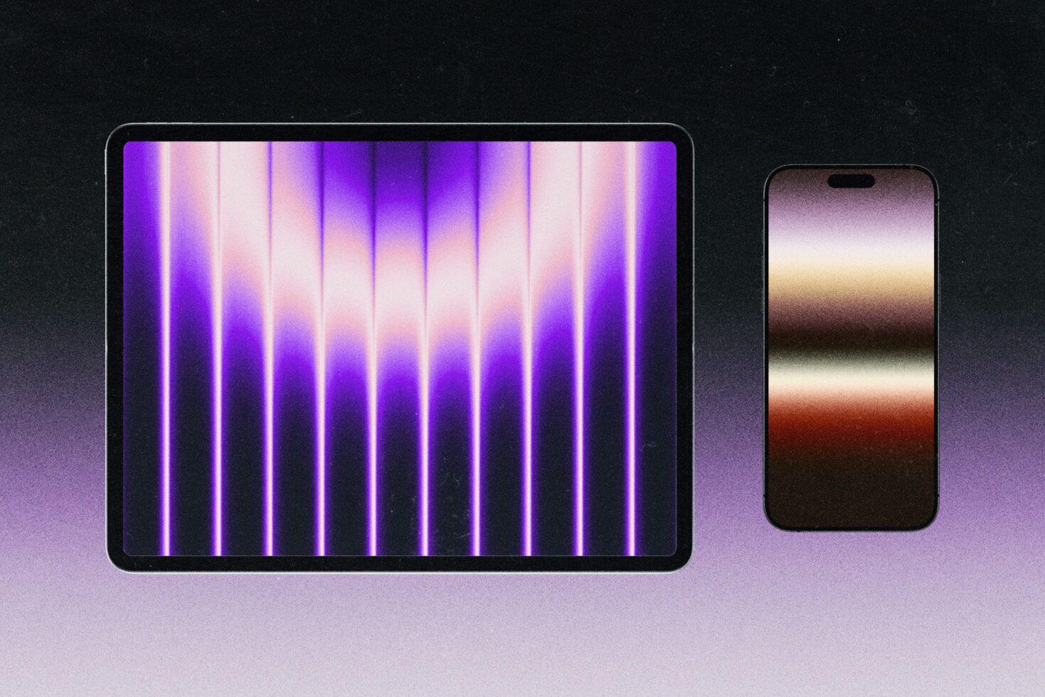 iPad tablet smartphone mockup with glowing purple striped gradient wallpapers on dark background