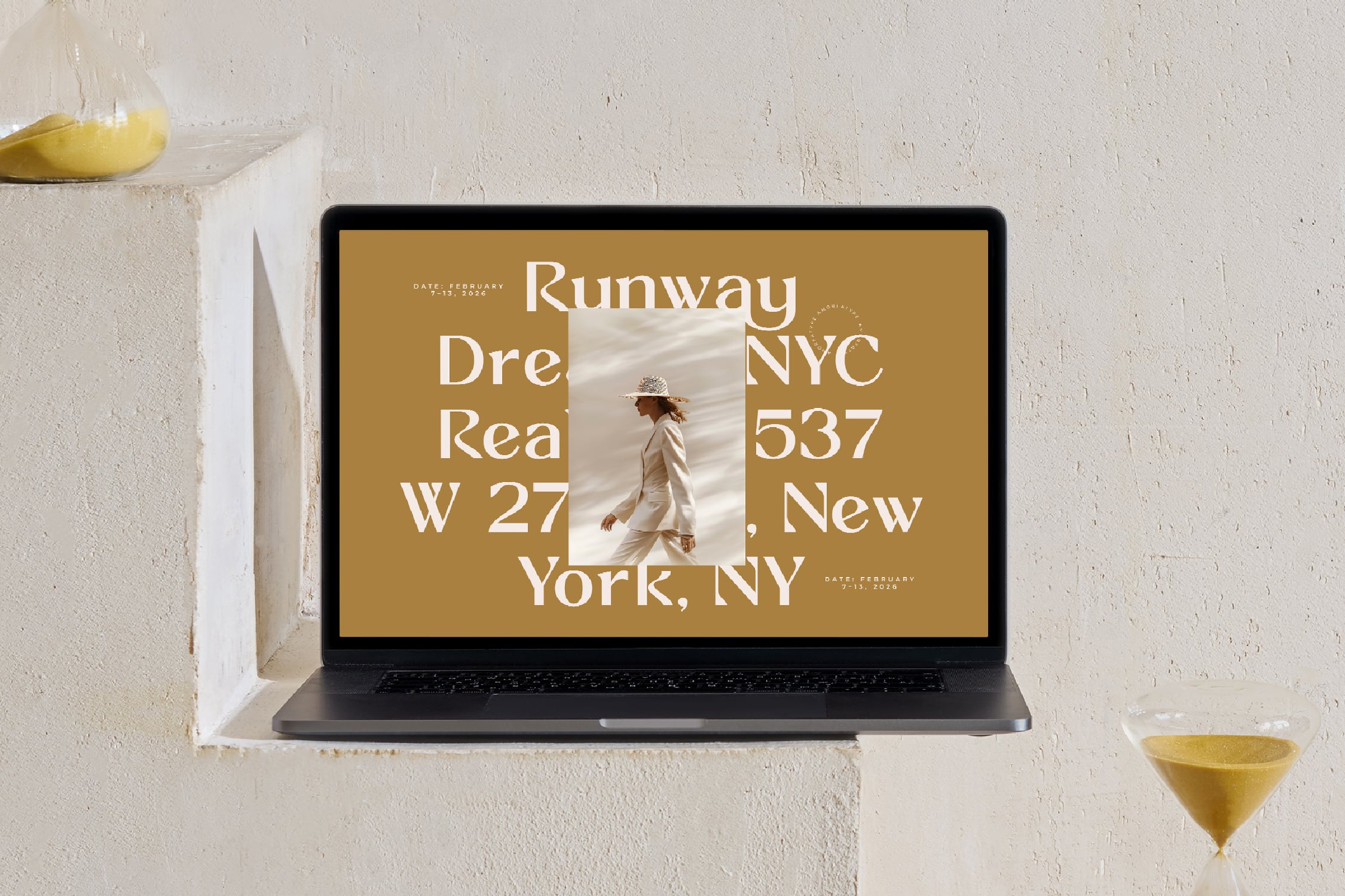 Laptop displaying gold runway event poster with bold typography, fashion model image overlay, event details for NYC show