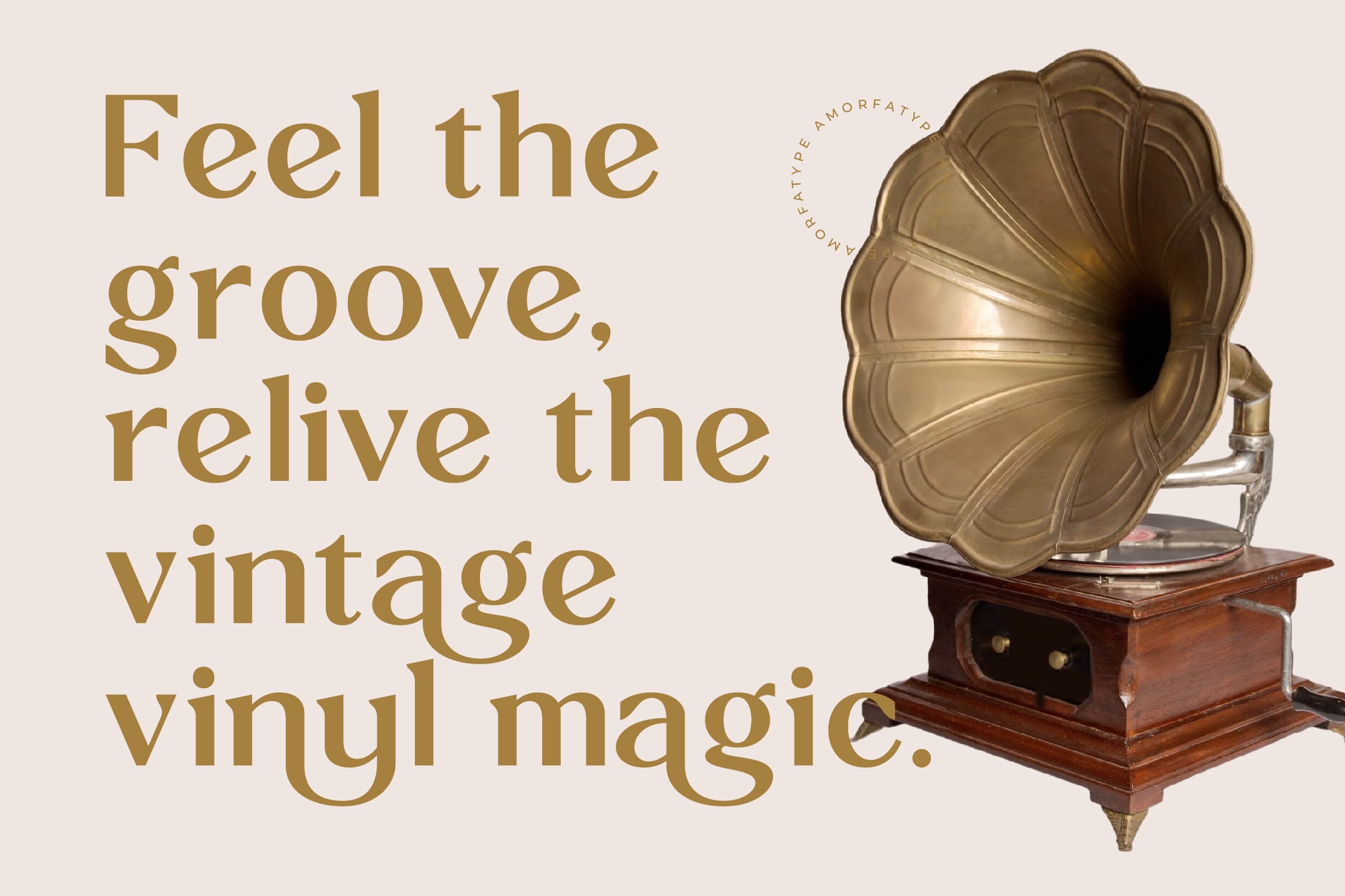 Vintage gramophone with gold serif text reading "Feel the groove, relive the vintage vinyl magic" on cream background