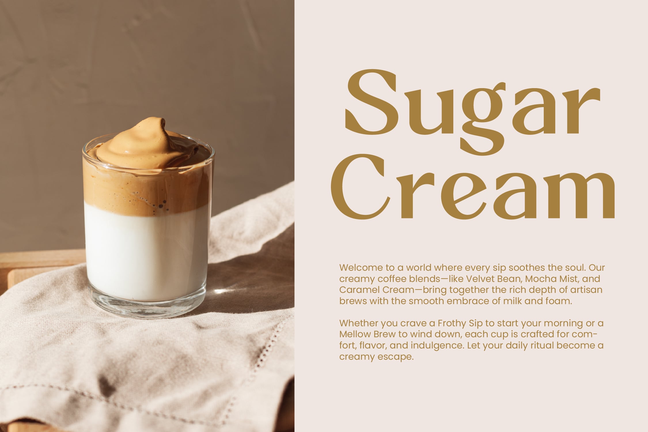 Creamy dalgona coffee in glass with layered foam on beige linen with gold typography