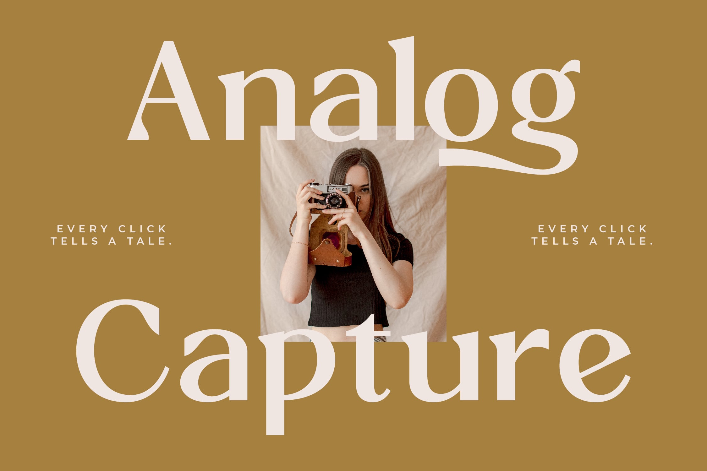 Woman holding vintage camera on gold background with Analog Capture typography