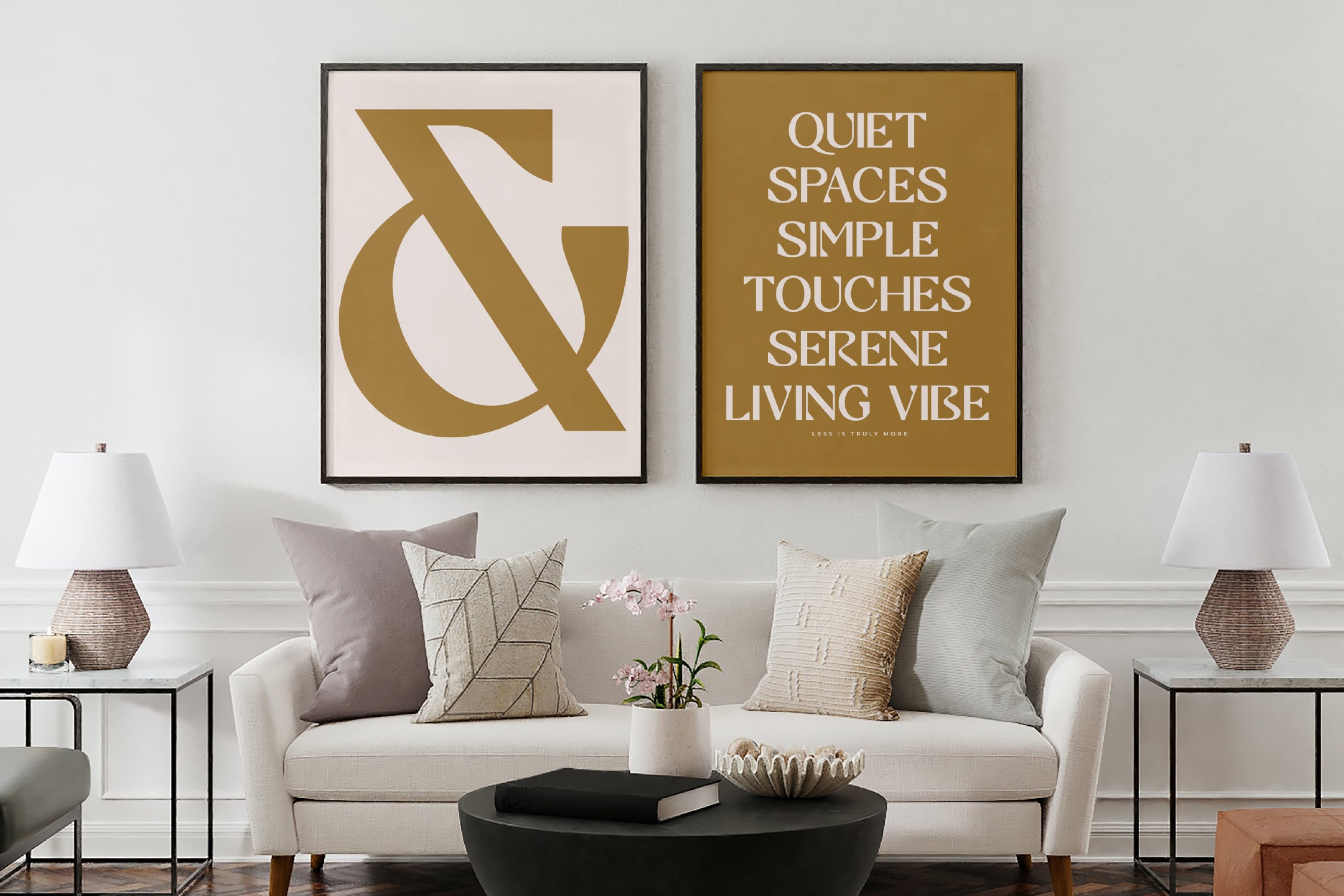 Framed gallery wall prints with gold geometric symbol on cream background plus motivational text on mustard