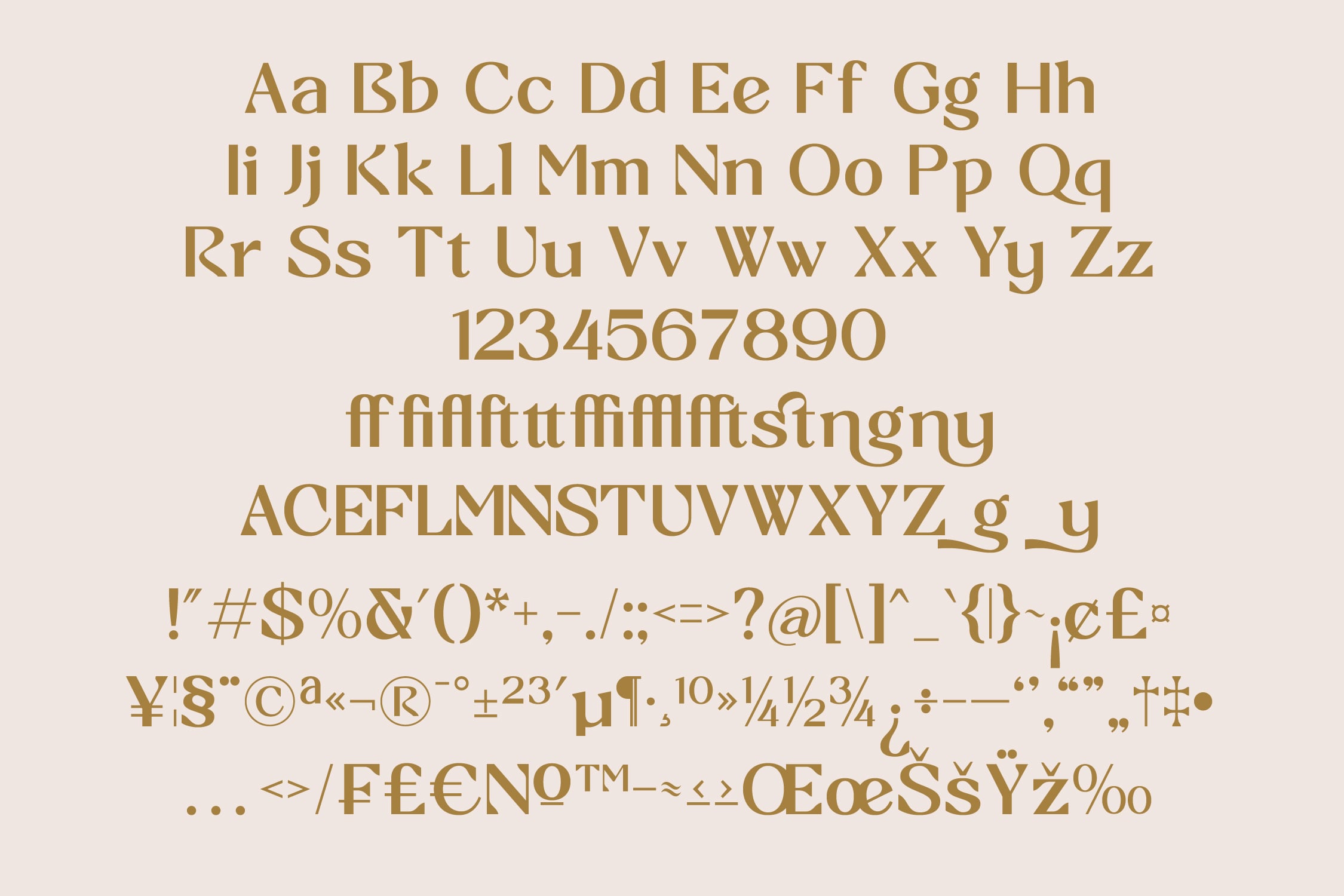 Gold serif typeface showing full character set with uppercase, lowercase, numbers, ligatures, symbols on cream background