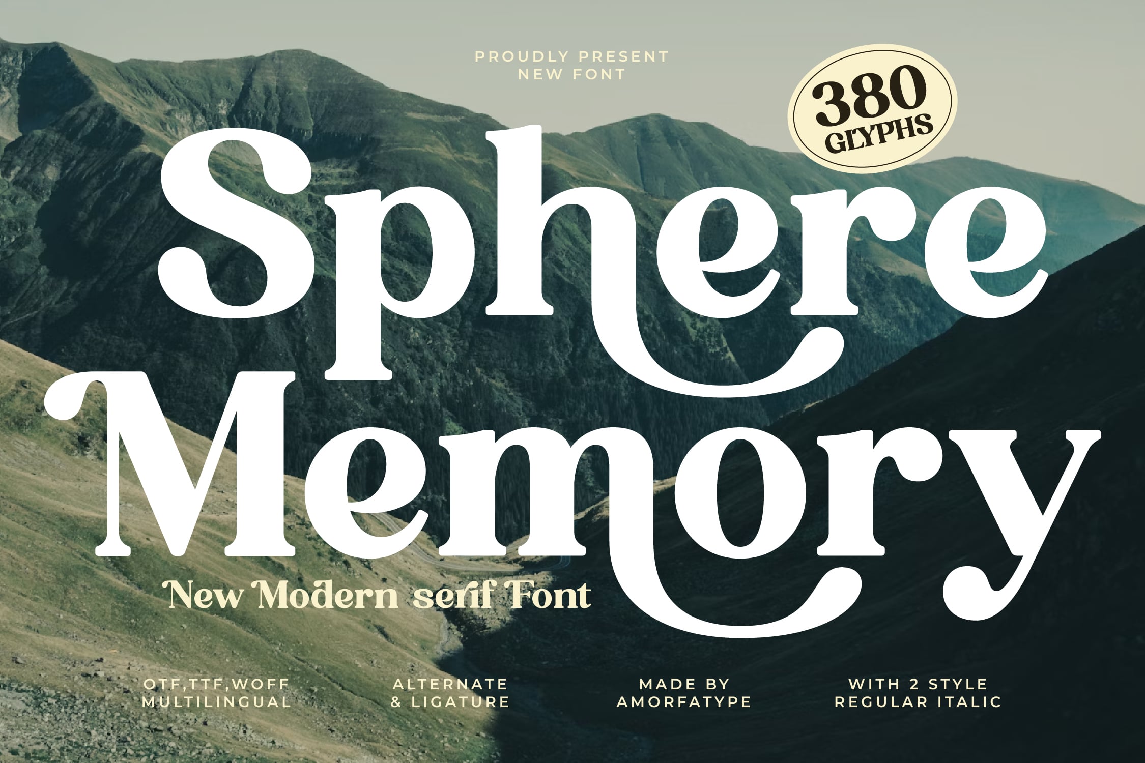 Sphere Memory serif font displayed over misty mountain landscape with 380 glyphs