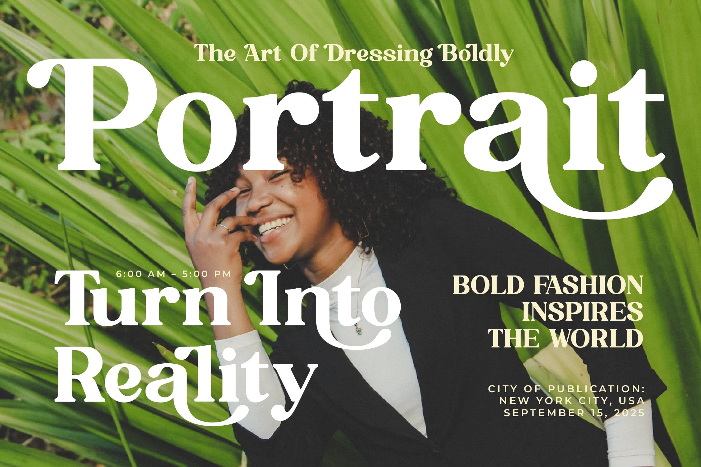 Portrait magazine cover with bold serif typography overlaid on bright green palm leaves, smiling woman in black blazer against nature backdrop
