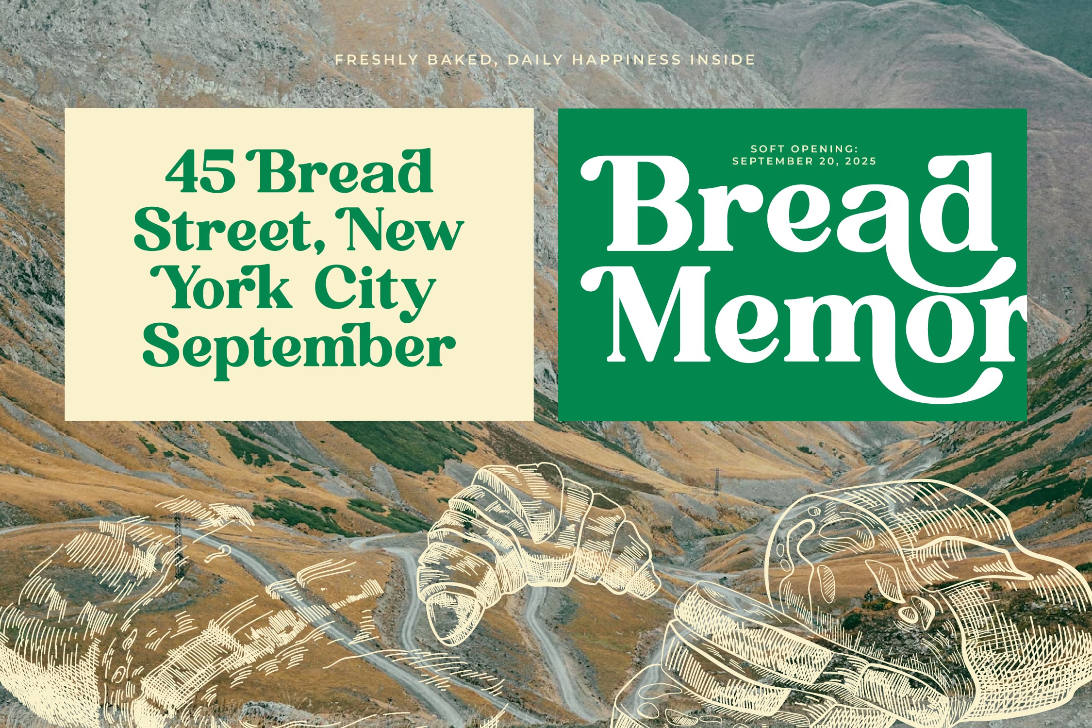 Bread Memory bakery opening announcement with cream box on cream bg plus green box with white serif type